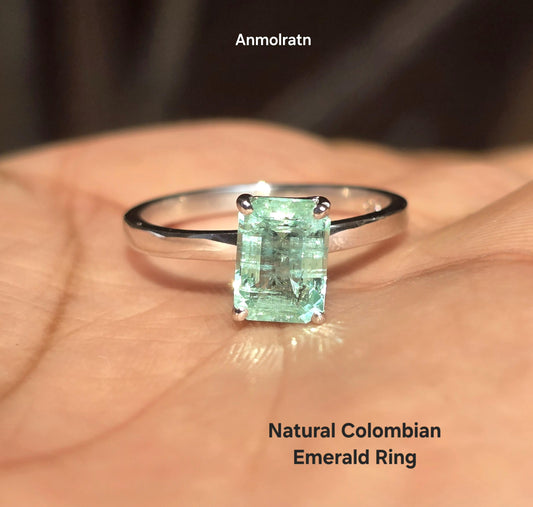 Colombian Emerald Cut Octagon Ring, Vibrant Natural Emerald Solitaire Ring Gift For Her 1.56CT Green Emerald Dainty Birthstone Stacking Ring
