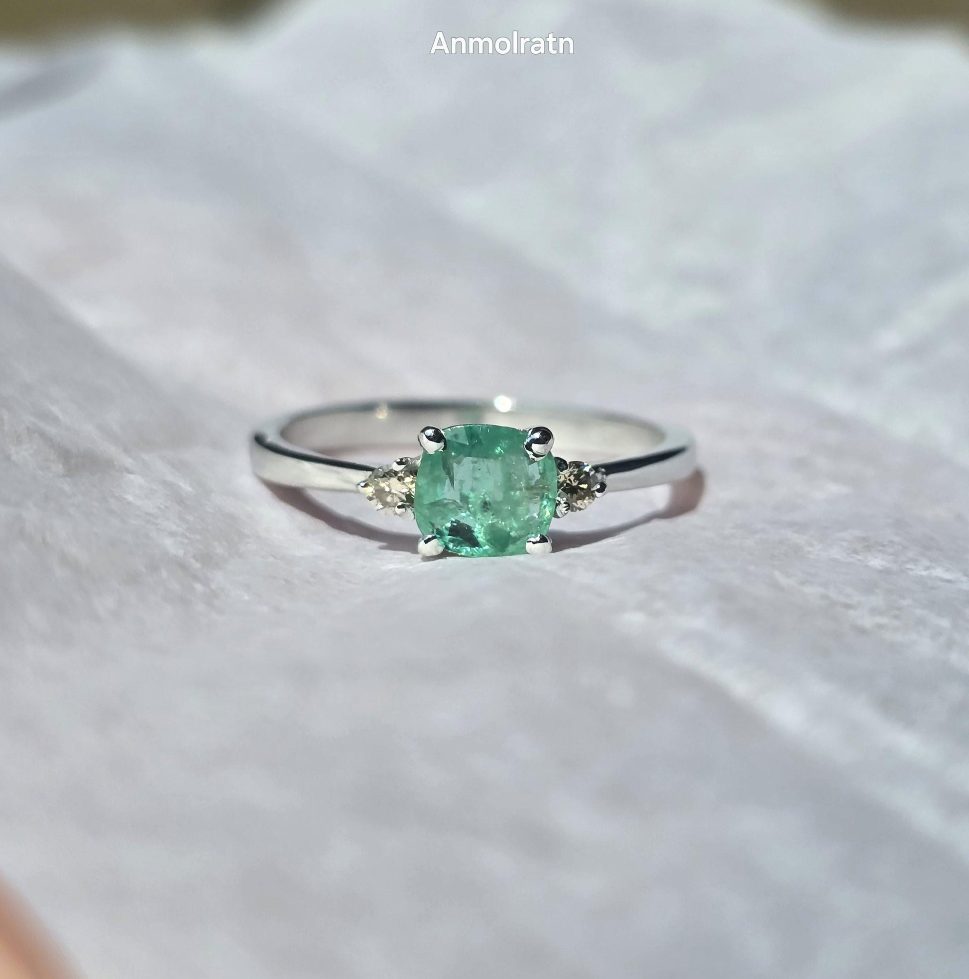 Vivid Green Emerald Diamond Ring For Women, Untreated Emerald Cushion Cut Dainty Stacking Engagement Ring Natural Emerald Wedding Ring Gift