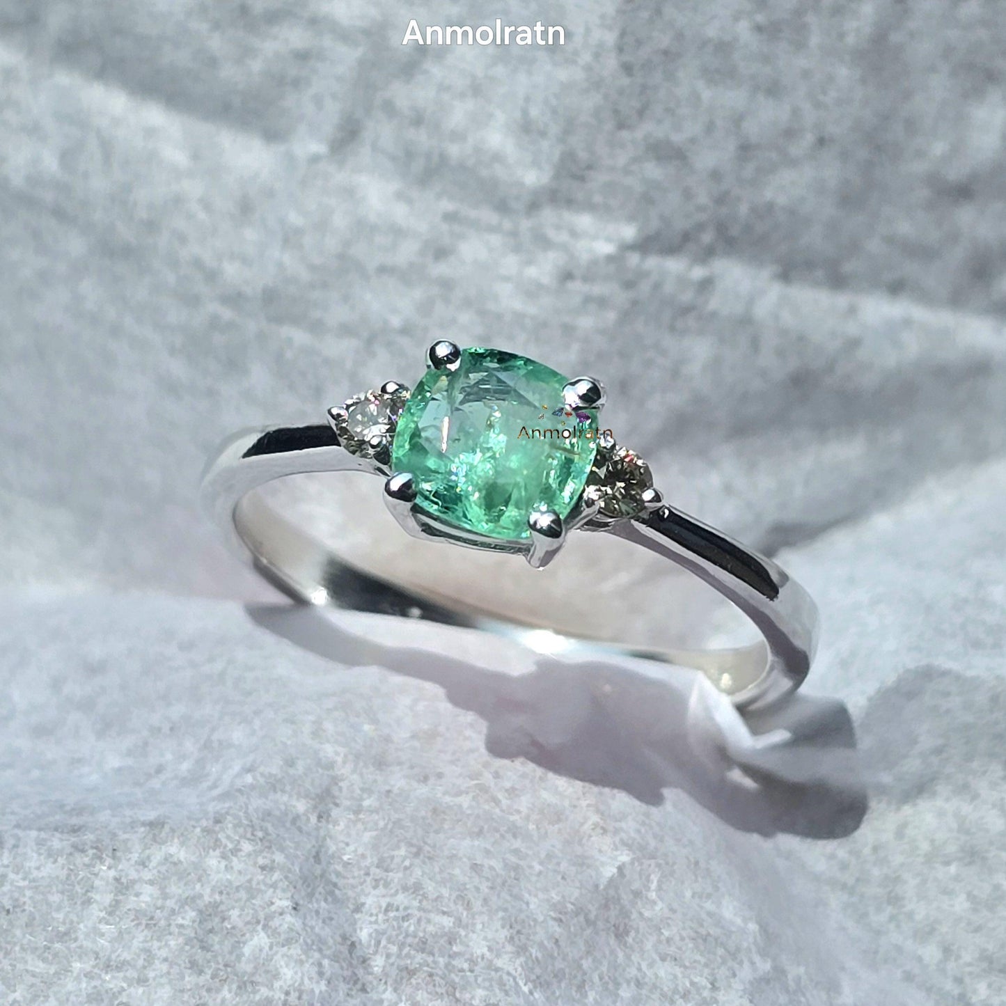 Vivid Green Emerald Diamond Ring For Women, Untreated Emerald Cushion Cut Dainty Stacking Engagement Ring Natural Emerald Wedding Ring Gift