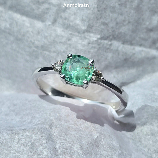 Vivid Green Emerald Diamond Ring For Women, Untreated Emerald Cushion Cut Dainty Stacking Engagement Ring Natural Emerald Wedding Ring Gift