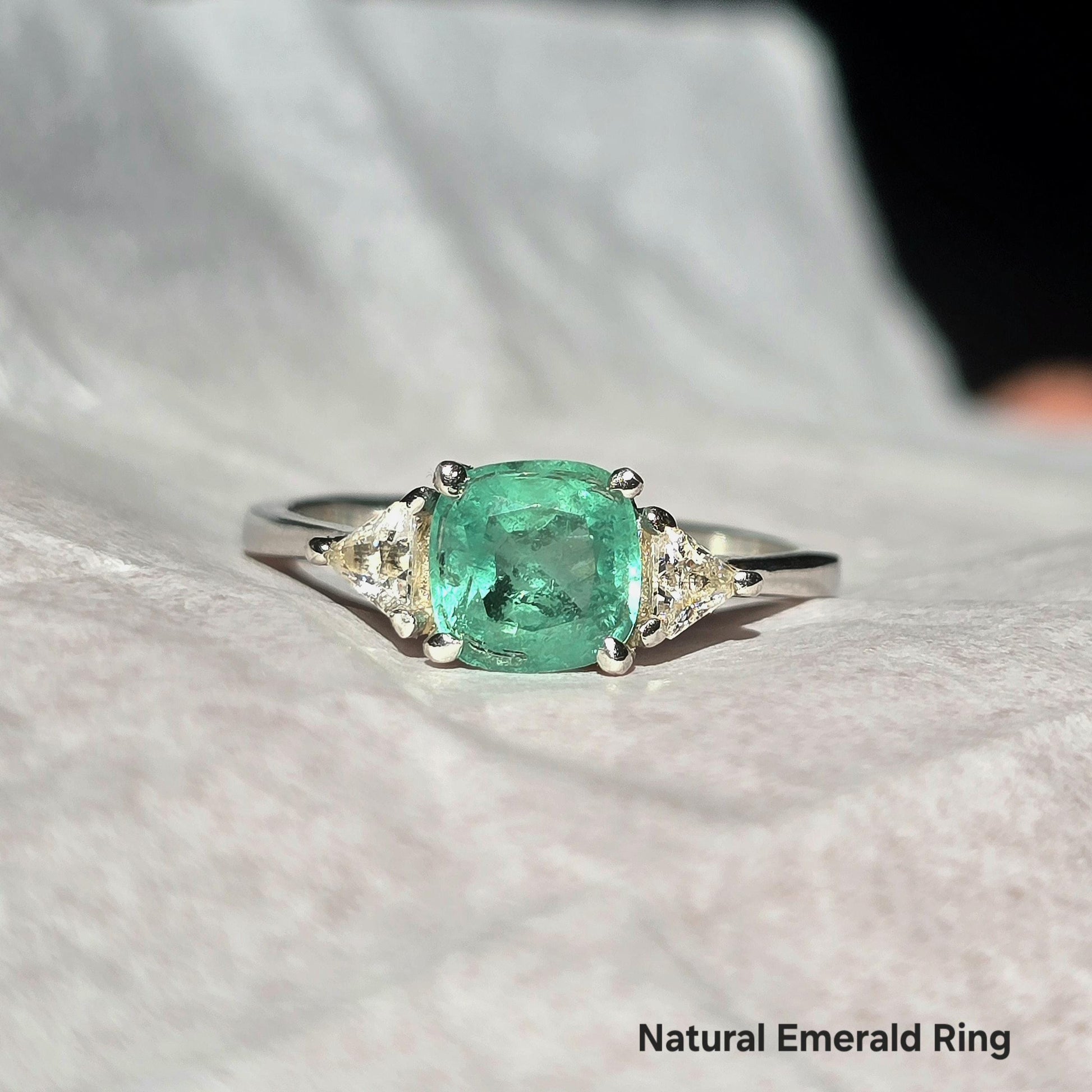 Vintage Emerald Engagement Ring Women, Top Emerald And Trillion Ring, Dainty Emerald Cushion Shape Stacking Silver Ring Gift For Her
