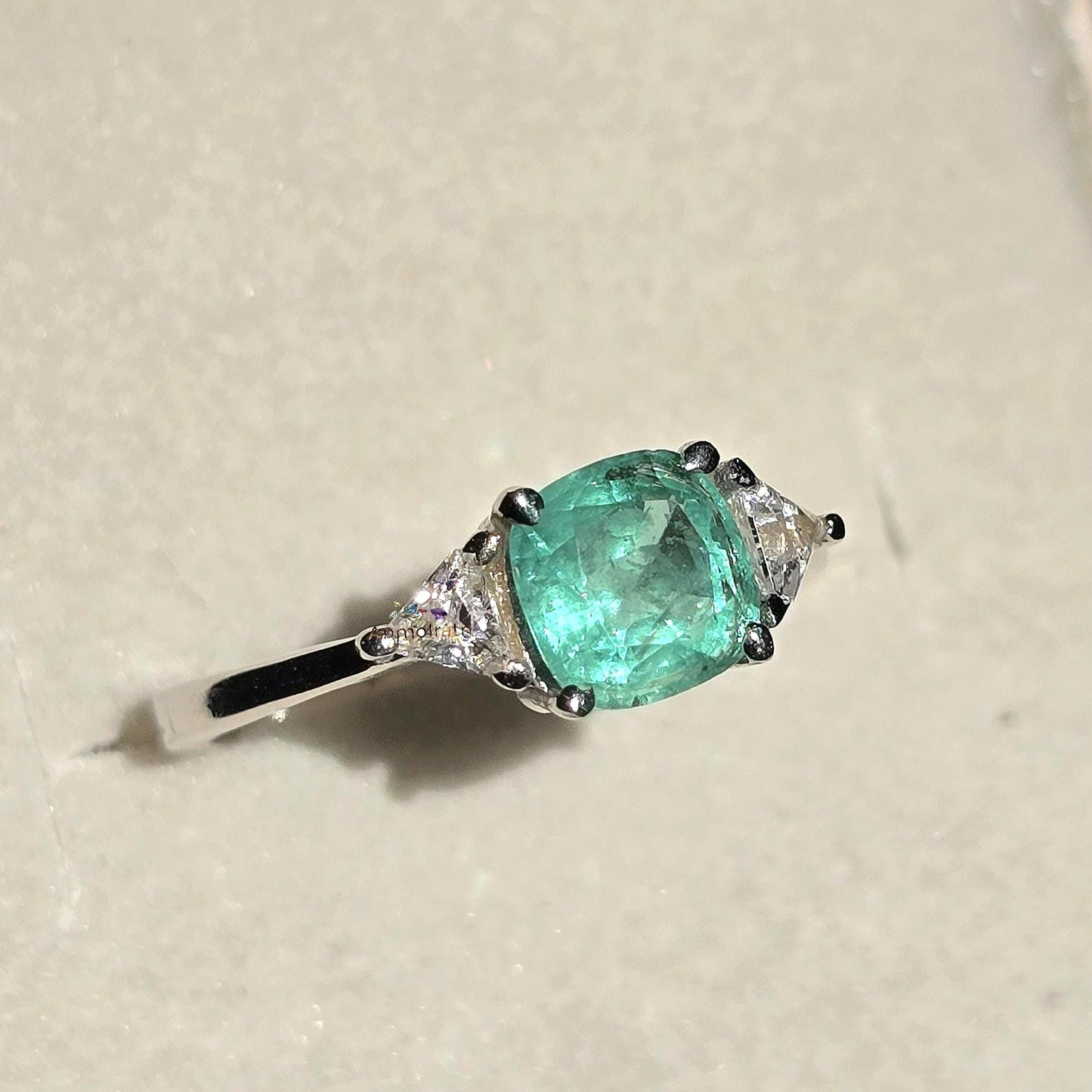 Vintage Emerald Engagement Ring Women, Top Emerald And Trillion Ring, Dainty Emerald Cushion Shape Stacking Silver Ring Gift For Her
