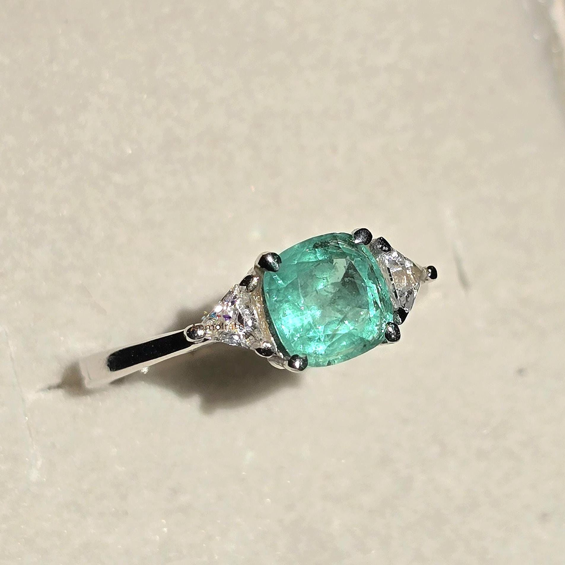 Vintage Emerald Engagement Ring Women, Top Emerald And Trillion Ring, Dainty Emerald Cushion Shape Stacking Silver Ring Gift For Her