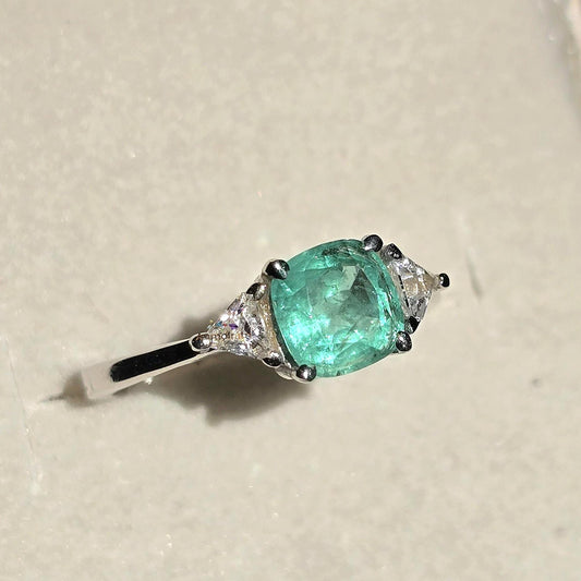 Vintage Emerald Engagement Ring Women, Top Emerald And Trillion Ring, Dainty Emerald Cushion Shape Stacking Silver Ring Gift For Her