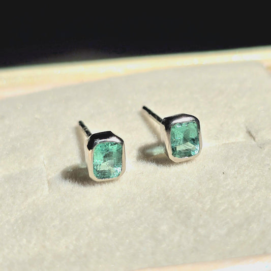 Daily Wear Emerald Stud Earrings, Natural Colombian Emerald Octagon Solitaire Earrings, Tiny Emerald Cut Bezel Birthstone Silver Earrings