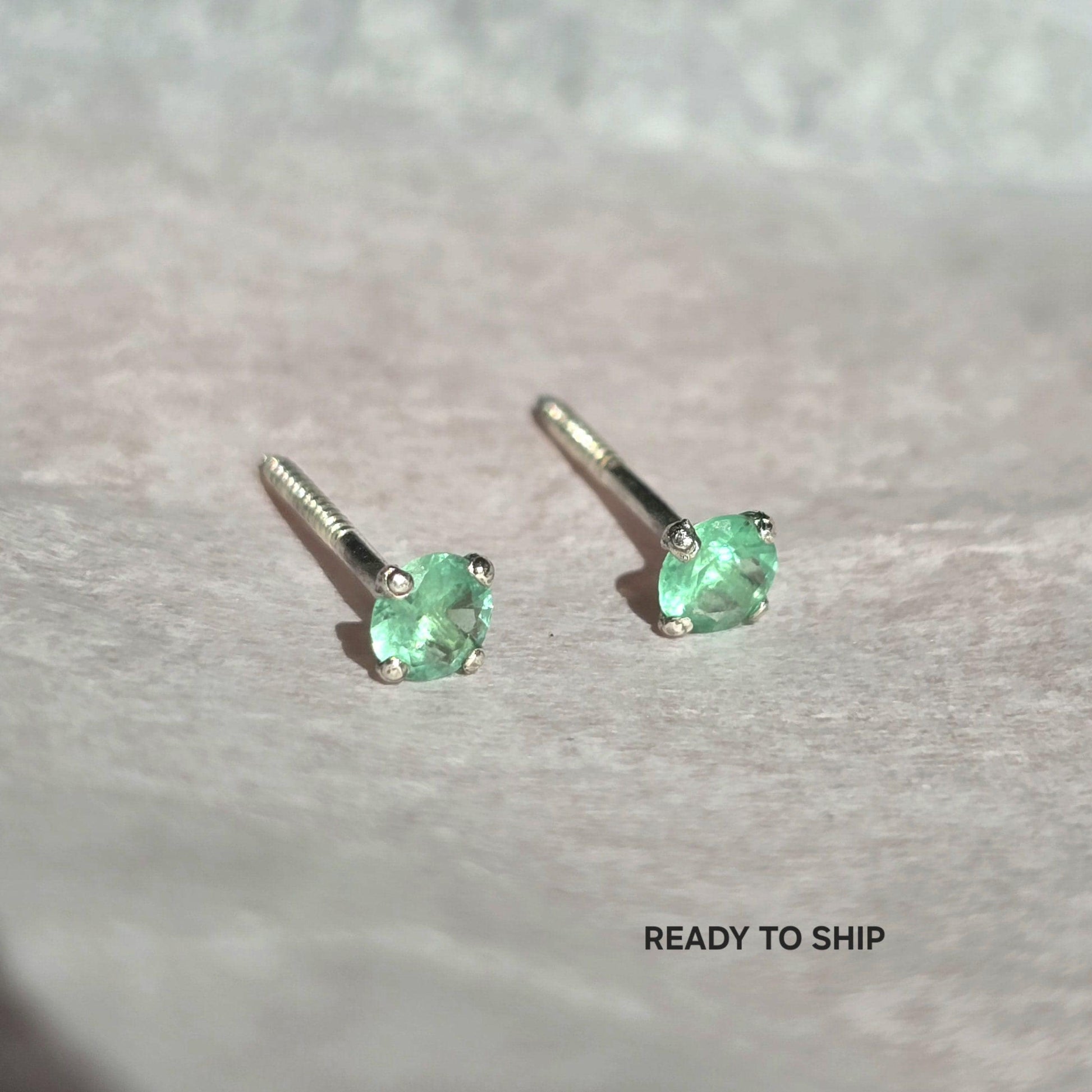Daily Wear Emerald Stud Earrings, Natural Colombian Emerald Tiny Silver Earrings For Men & Women, Round Emerald Birthstone Dainty Earrings