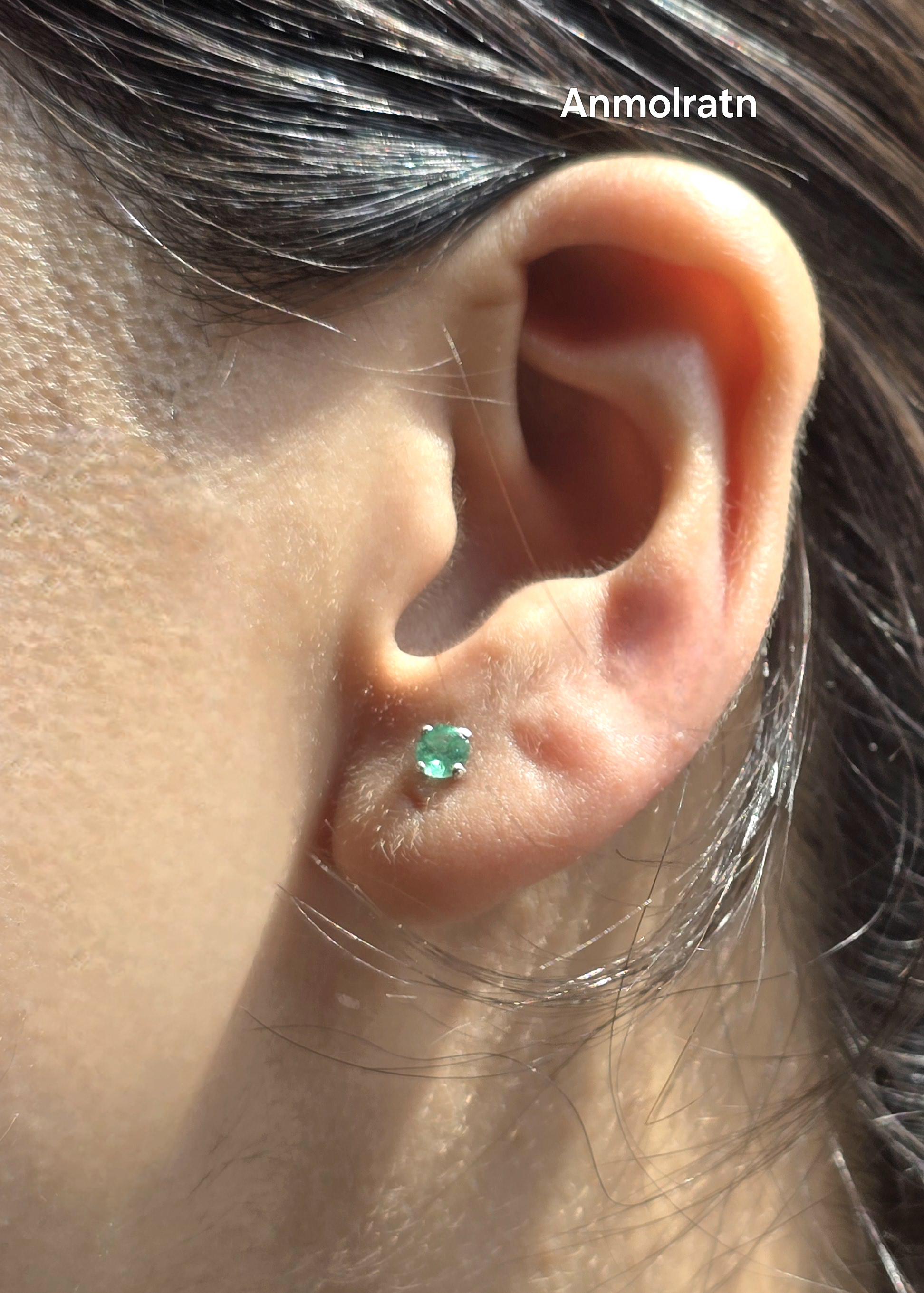 Daily Wear Emerald Stud Earrings, Natural Colombian Emerald Tiny Silver Earrings For Men & Women, Round Emerald Birthstone Dainty Earrings