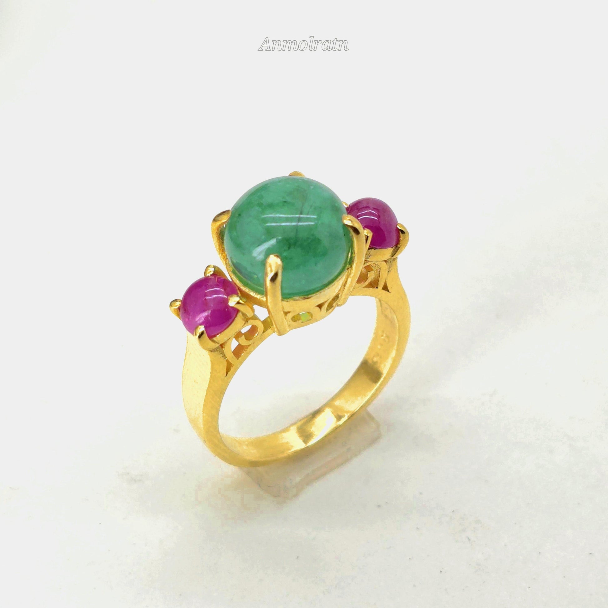 Vintage Emerald Ruby Ring For Women, Antique Emerald Ring, Unique Natural Emerald Cabochon Ring, Multi Gemstone Vintage Ring Gift For Her