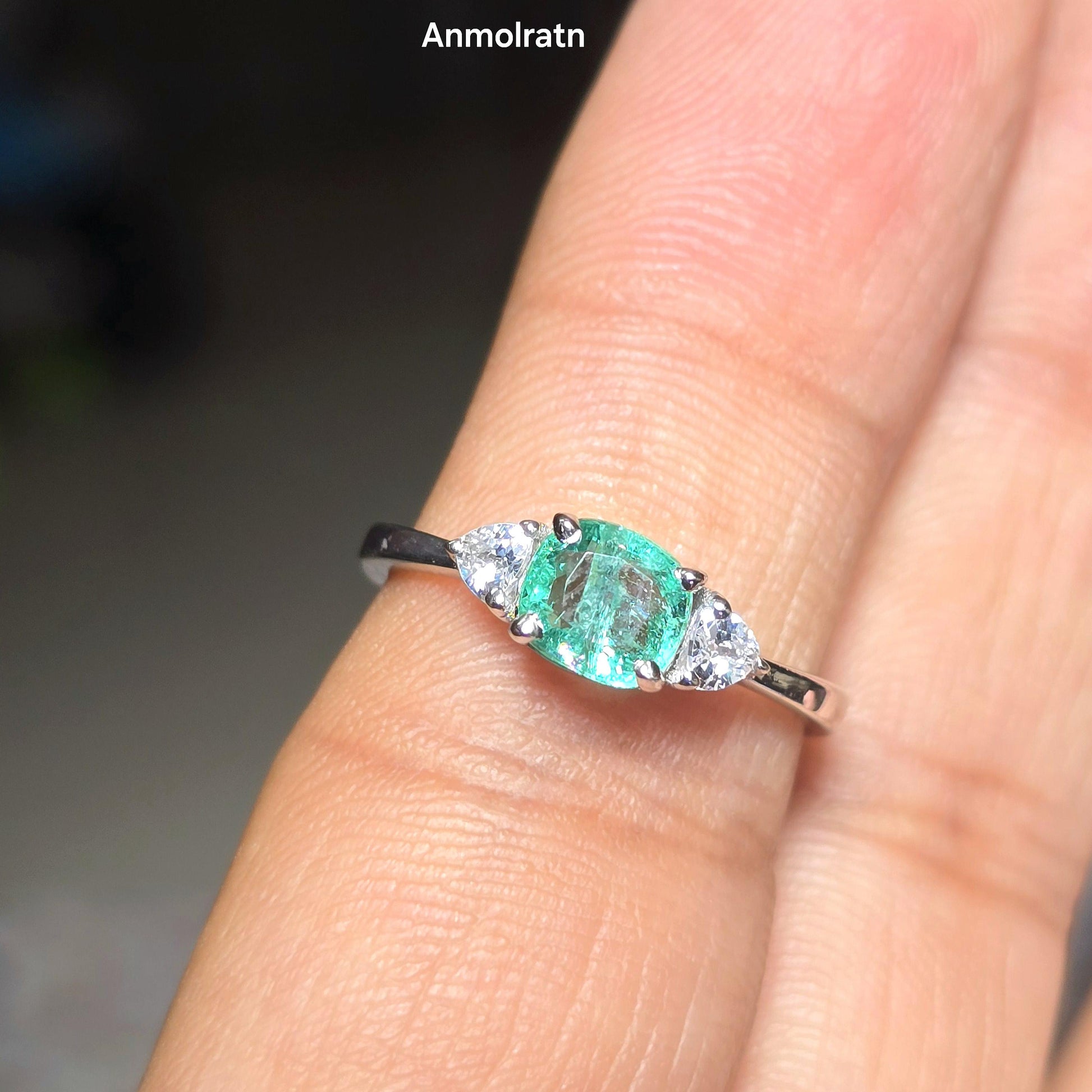 Tiny Emerald Dainty Ring For Women, Emerald Cushion Ring, Untreated Emerald Trillion Stacking Ring Gift For Her, Natural Bright Emerald Ring