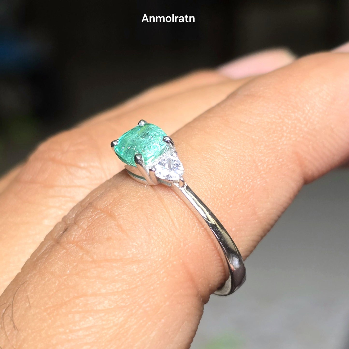 Tiny Emerald Dainty Ring For Women, Emerald Cushion Ring, Untreated Emerald Trillion Stacking Ring Gift For Her, Natural Bright Emerald Ring