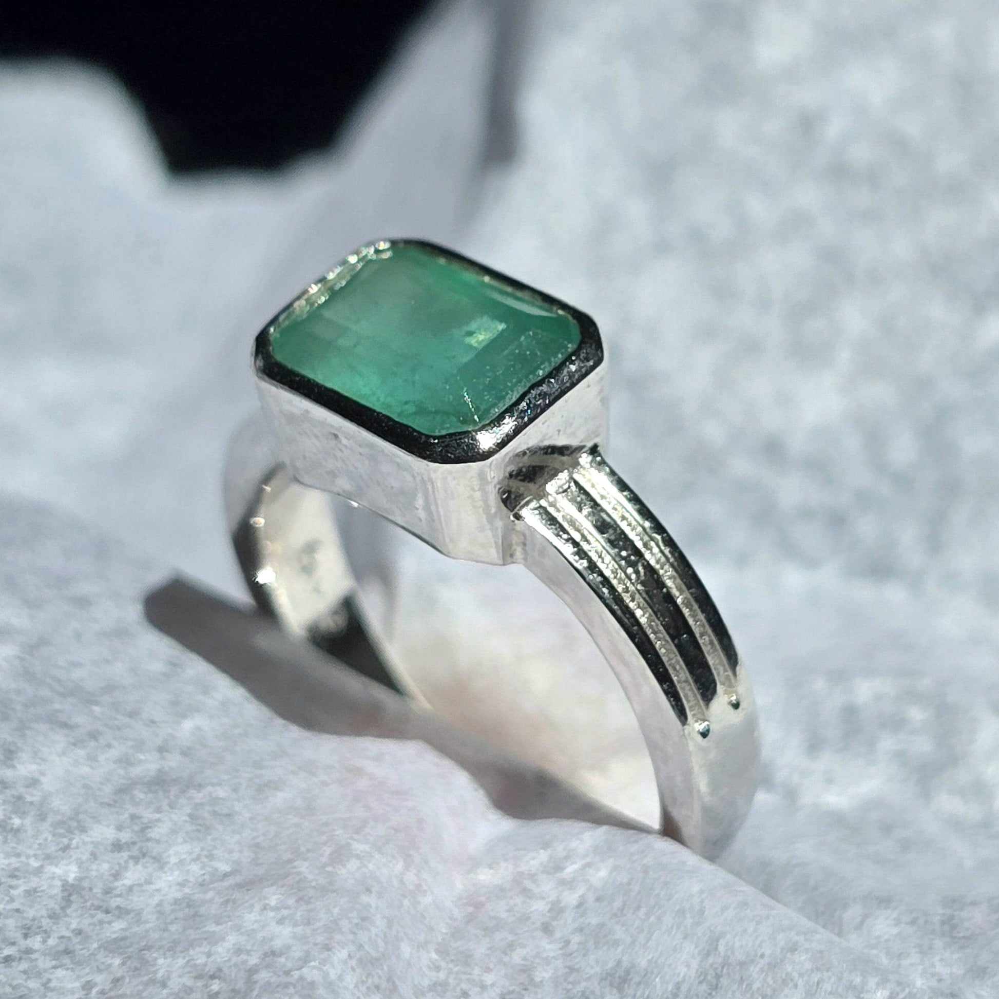 Natural Emerald Octagon Solitaire Silver Ring, 2.30Ct Rich Green Emerald East West Bezel Set Stacking Birthstone Ring, Dainty Emerald Ring