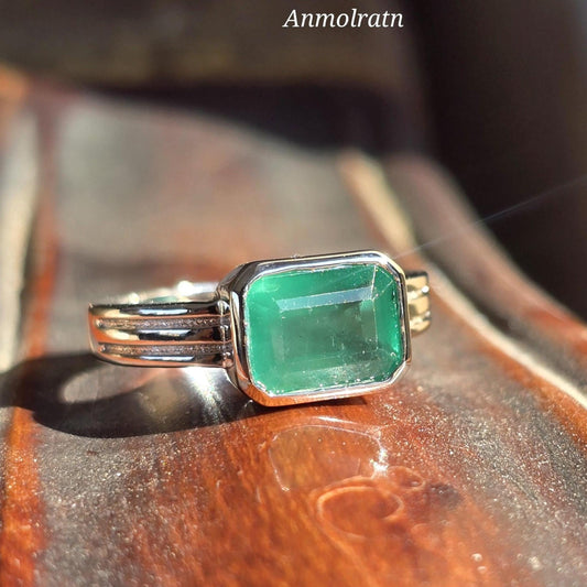 Natural Emerald Octagon Solitaire Silver Ring, 2.30Ct Rich Green Emerald East West Bezel Set Stacking Birthstone Ring, Dainty Emerald Ring