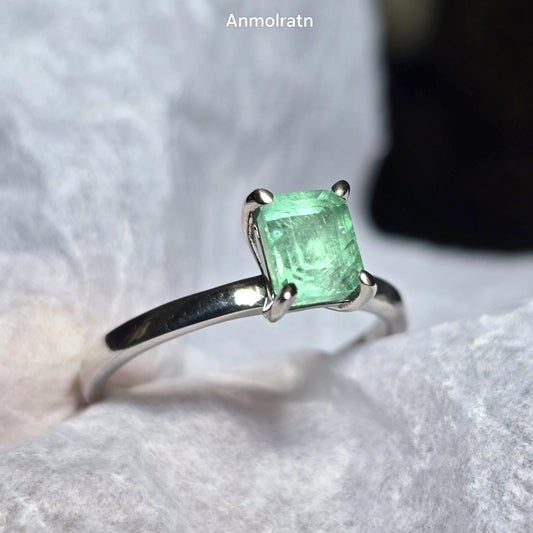 Emerald Octagon Solitaire Ring, Certified Emerald Cut Octagon Emerald Colombian Dainty Birthstone Ring For Women, Tiny Bright Emerald Ring
