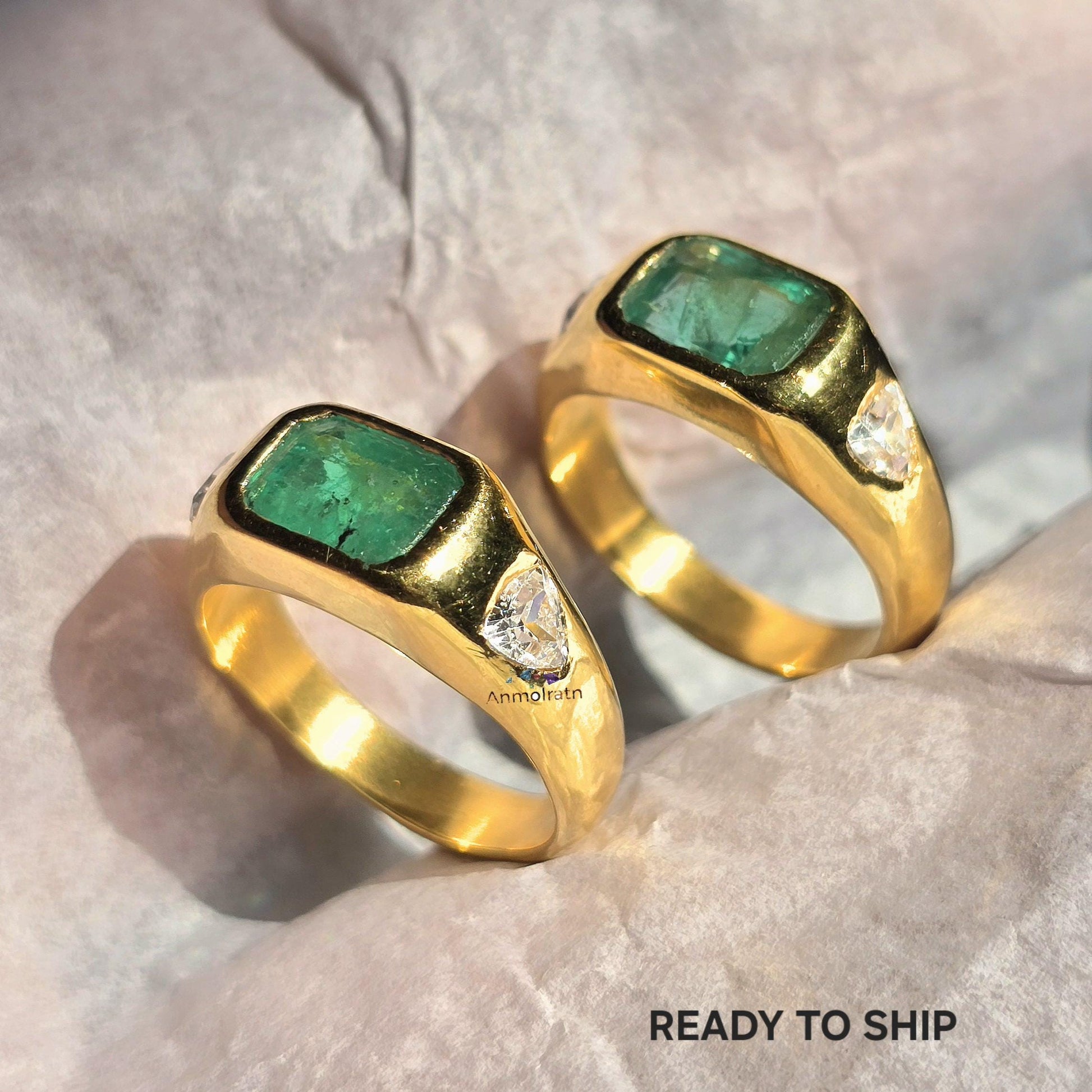 Natural Emerald Cut Emerald Octagon Gold Ring For Men & Women, Vivid Green Emerald Stacking Signet Ring, Untreated Emerald Ring Gift For Her