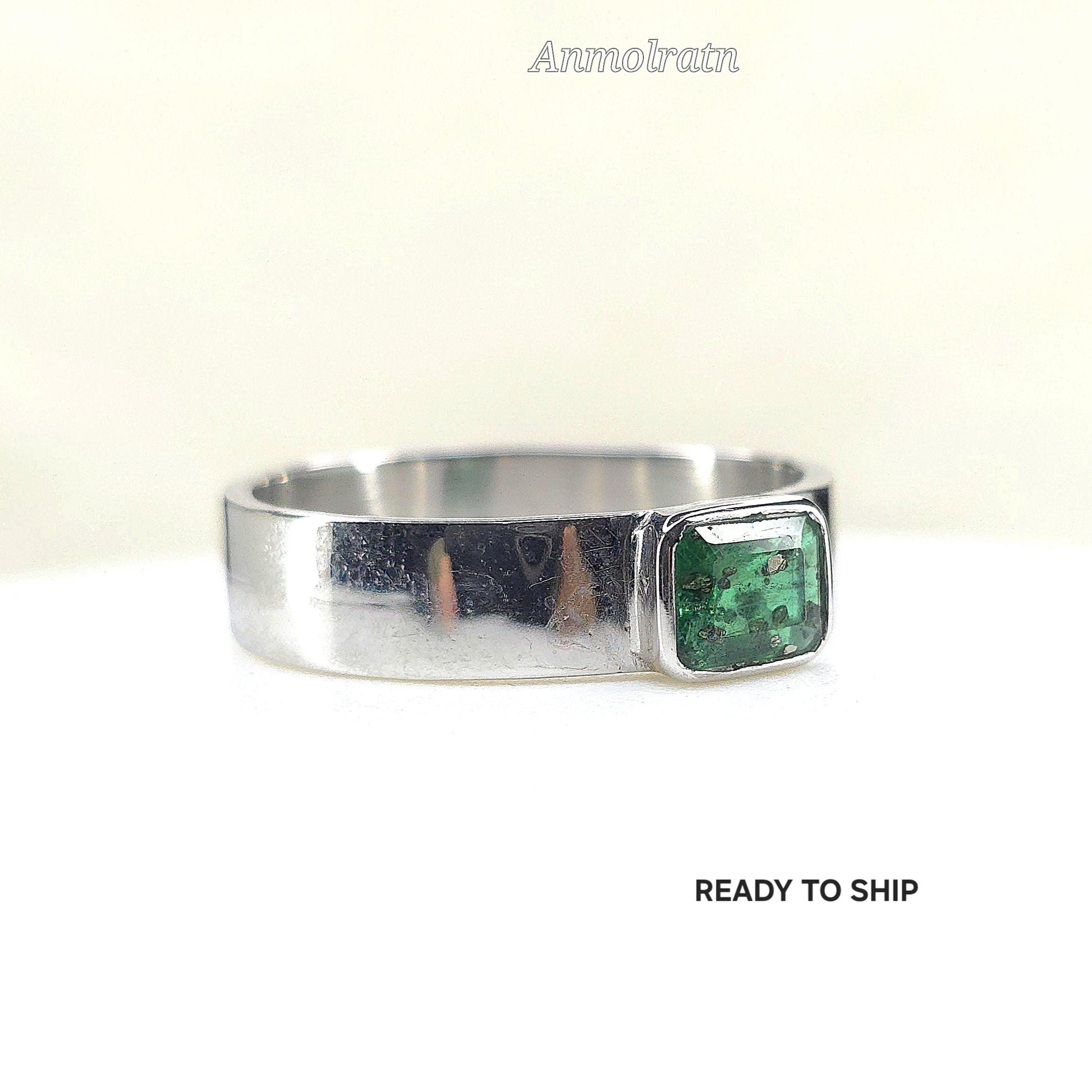 Vintage Emerald Ring, Natural Emerald Cut Emerald Octagon Ring For Men, Antique Emerald Bezel Set Solitaire Birthstone Dainty Silver Ring