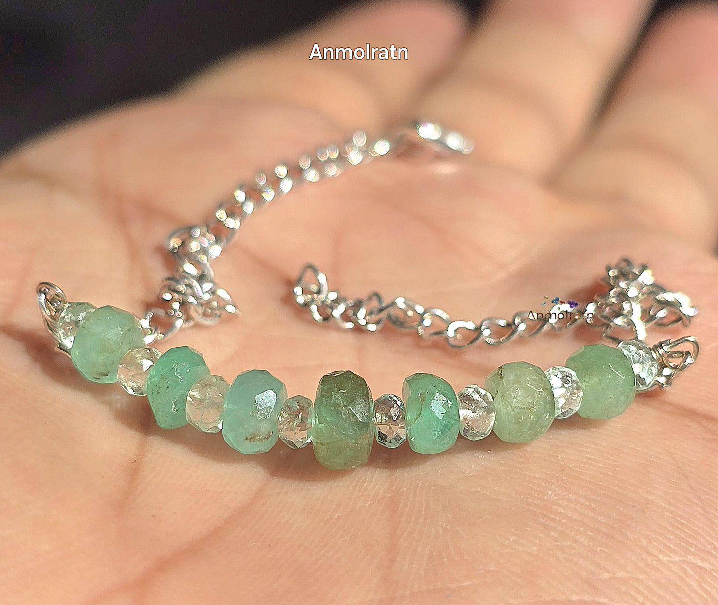 Raw Emerald Bracelet, Colombian Emerald Beaded Bracelet, Natural Emerald Dainty Birthstone Silver Bracelet Gemstone Bracelet For Men & Women