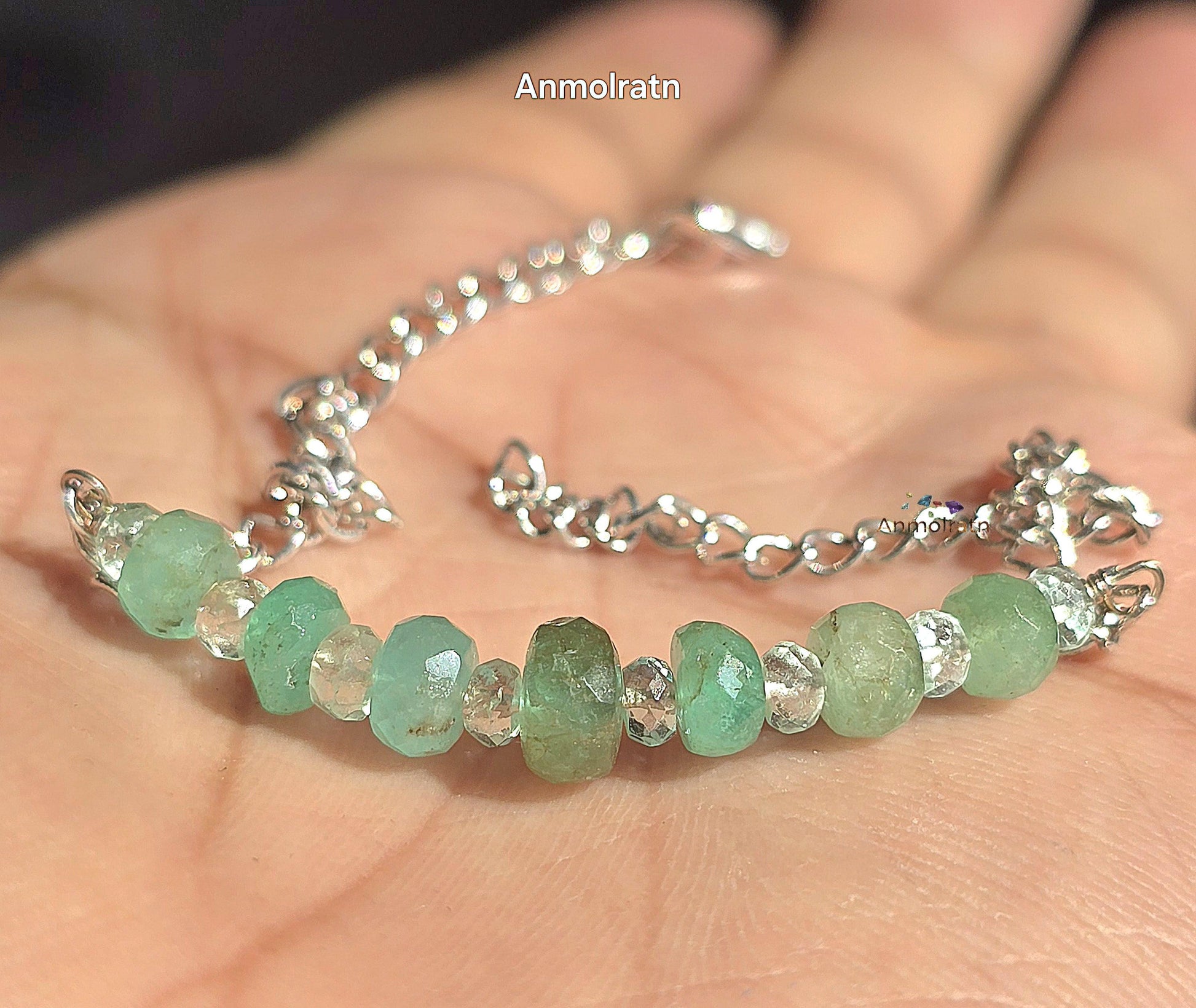 Raw Emerald Bracelet, Colombian Emerald Beaded Bracelet, Natural Emerald Dainty Birthstone Silver Bracelet Gemstone Bracelet For Men & Women