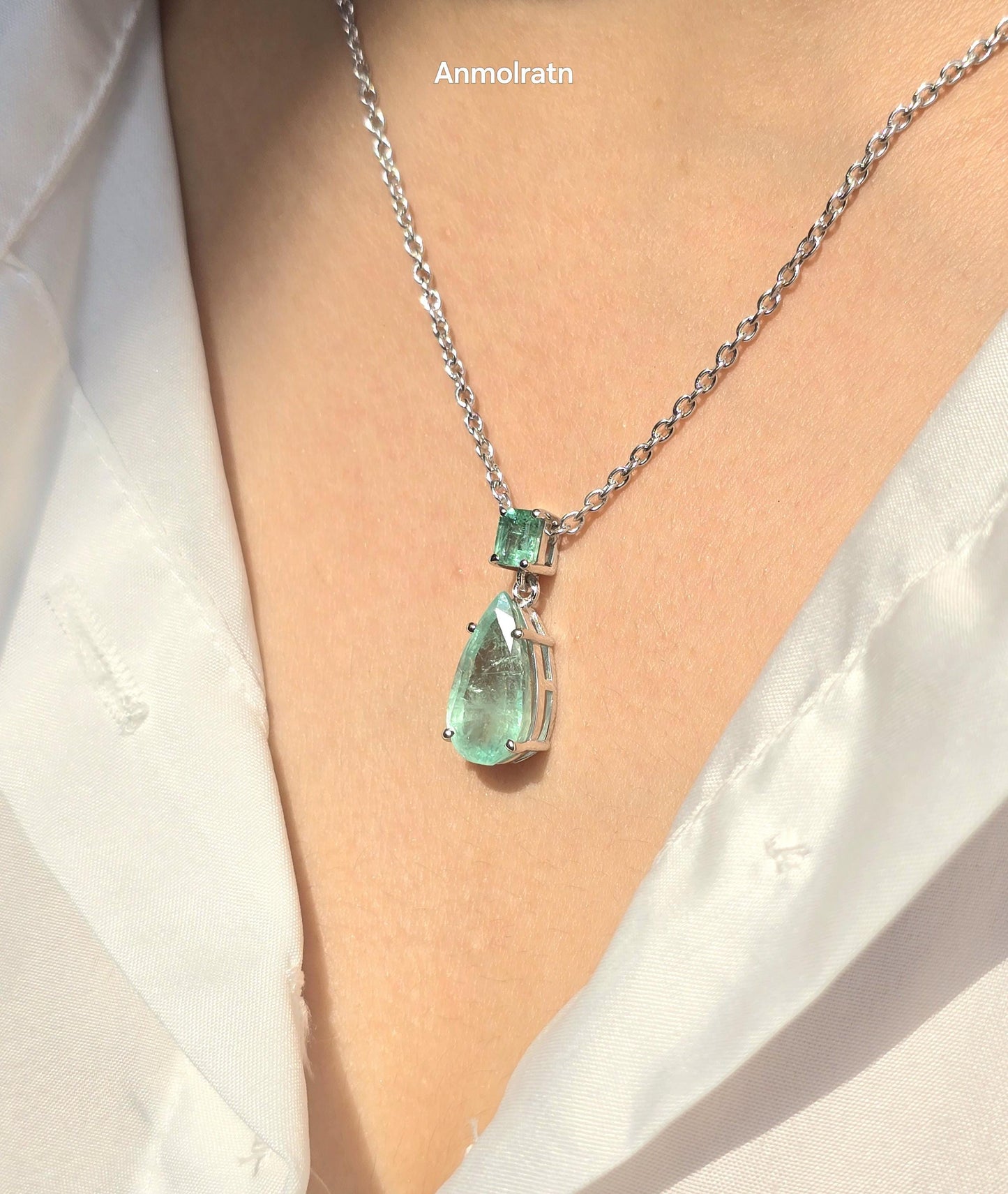 Emerald Pendant For Women, Natural Colombian Emerald Necklace Gift For Her, Emerald Octagon & Pear Drop Necklace, Dainty Emerald Pendant