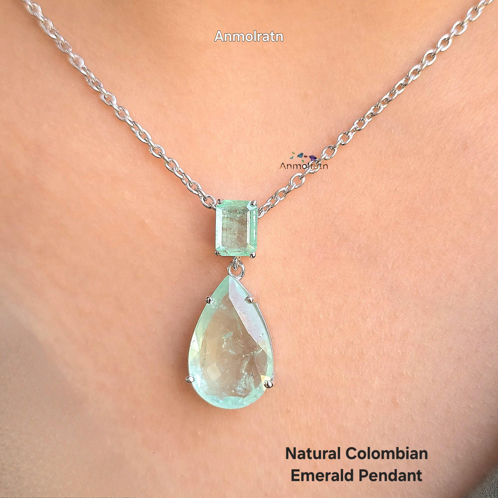 Colombian Emerald Necklace For Women, Untreated Emerald Octagon Pendant Pear Emerald Solitaire Dainty Silver Necklace, Green Emerald Pendant
