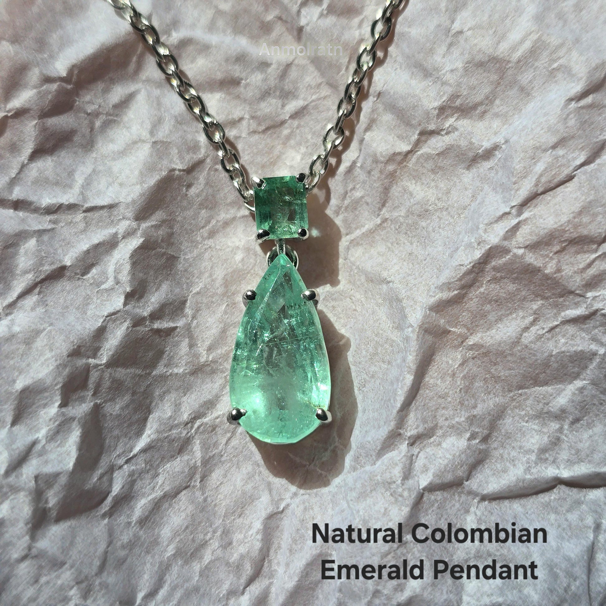 Emerald Pendant For Women, Natural Colombian Emerald Necklace Gift For Her, Emerald Octagon & Pear Drop Necklace, Dainty Emerald Pendant