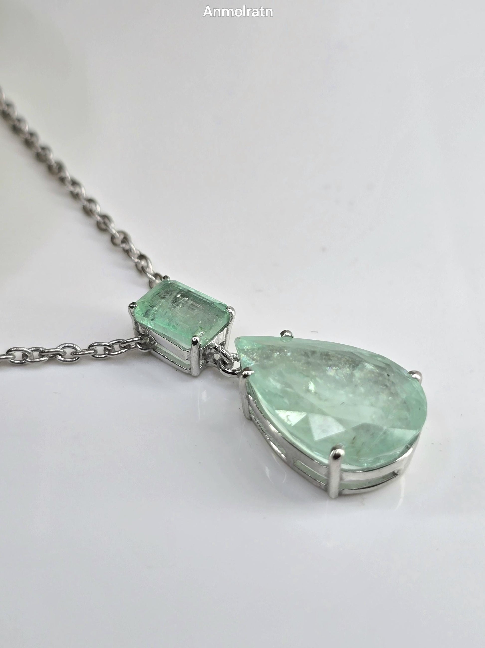 Colombian Emerald Necklace For Women, Untreated Emerald Octagon Pendant Pear Emerald Solitaire Dainty Silver Necklace, Green Emerald Pendant