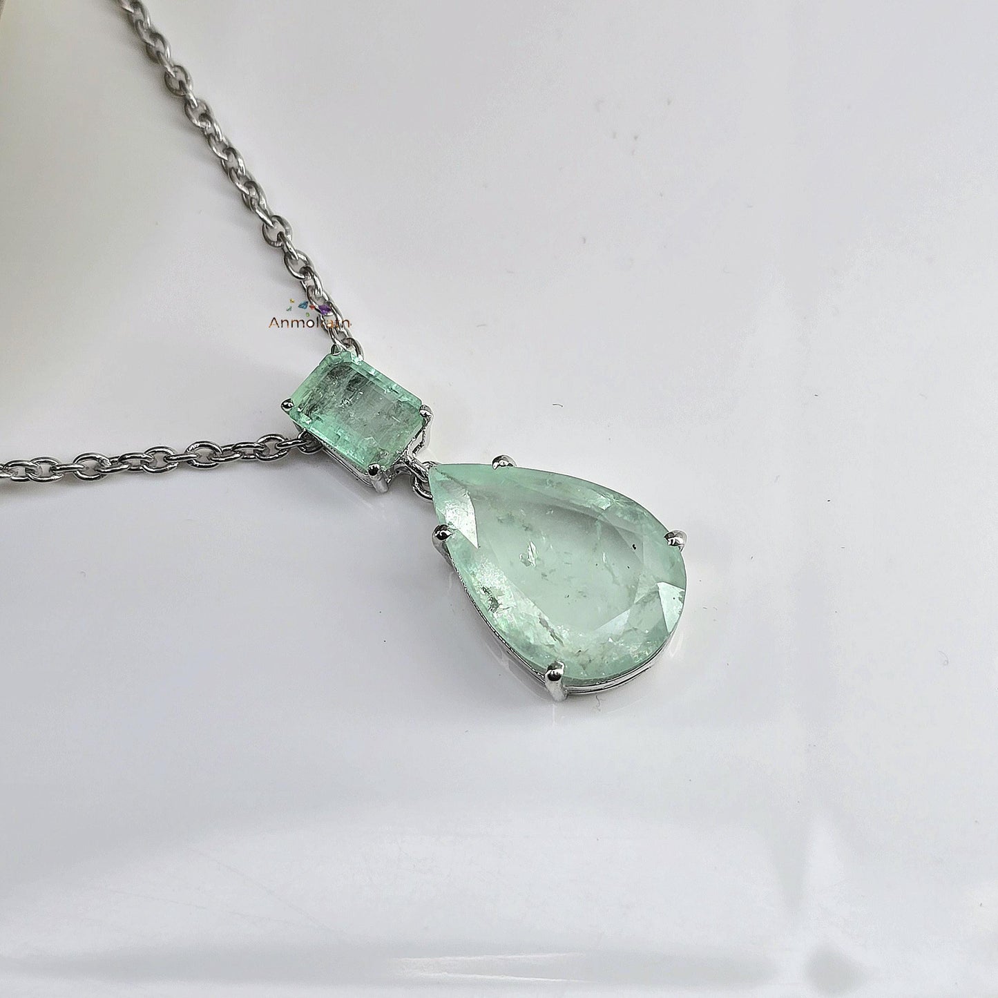 Colombian Emerald Necklace For Women, Untreated Emerald Octagon Pendant Pear Emerald Solitaire Dainty Silver Necklace, Green Emerald Pendant