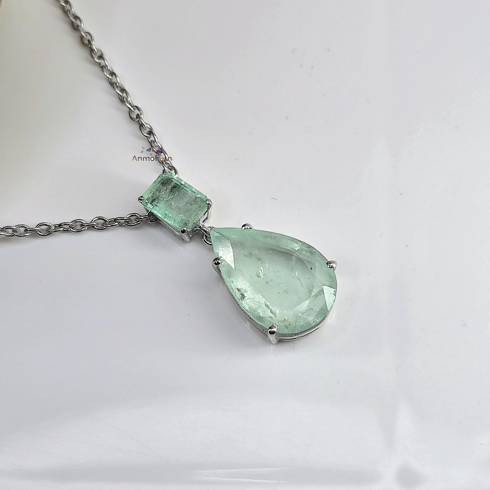 Colombian Emerald Necklace For Women, Untreated Emerald Octagon Pendant Pear Emerald Solitaire Dainty Silver Necklace, Green Emerald Pendant