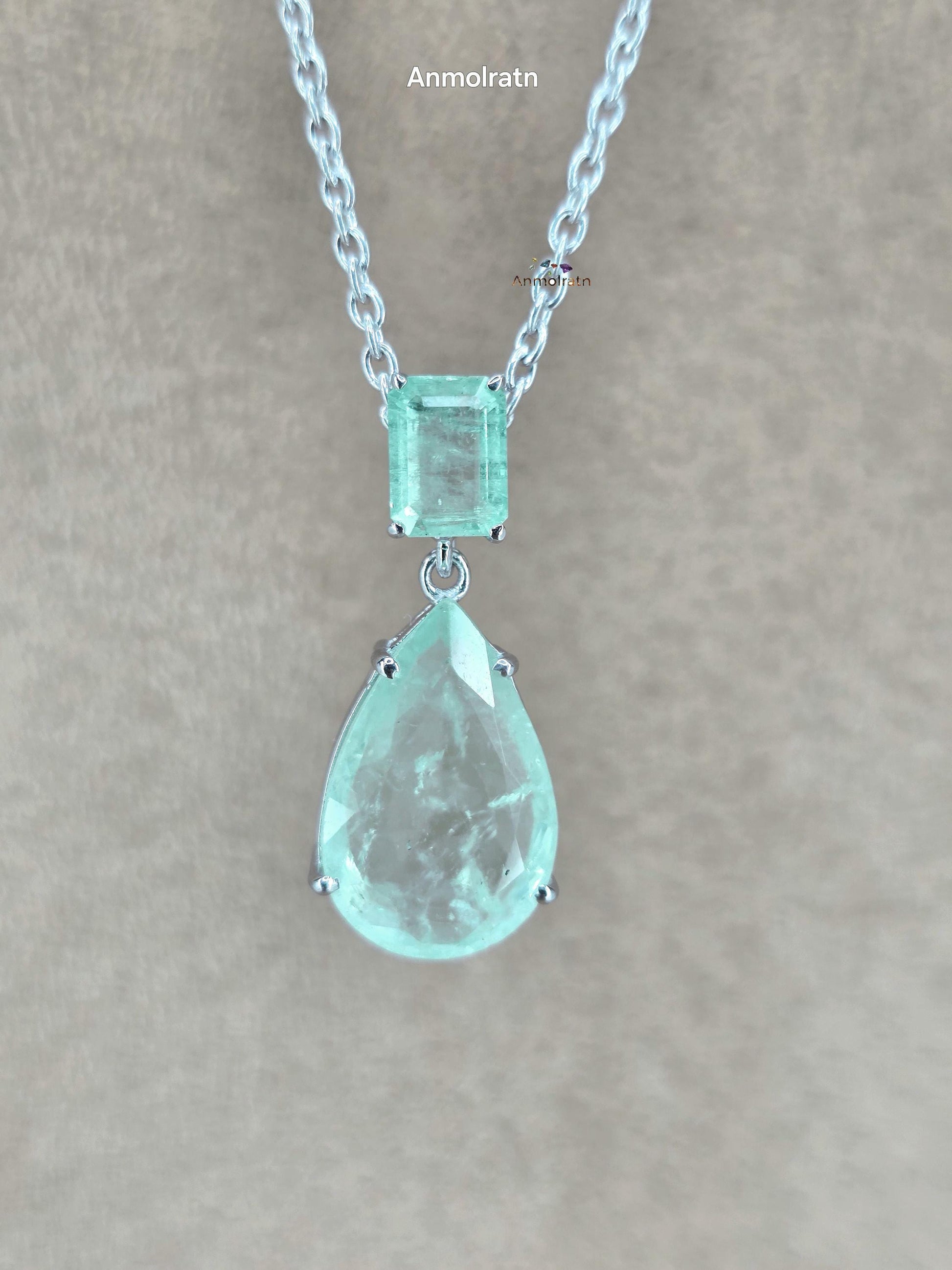 Colombian Emerald Necklace For Women, Untreated Emerald Octagon Pendant Pear Emerald Solitaire Dainty Silver Necklace, Green Emerald Pendant