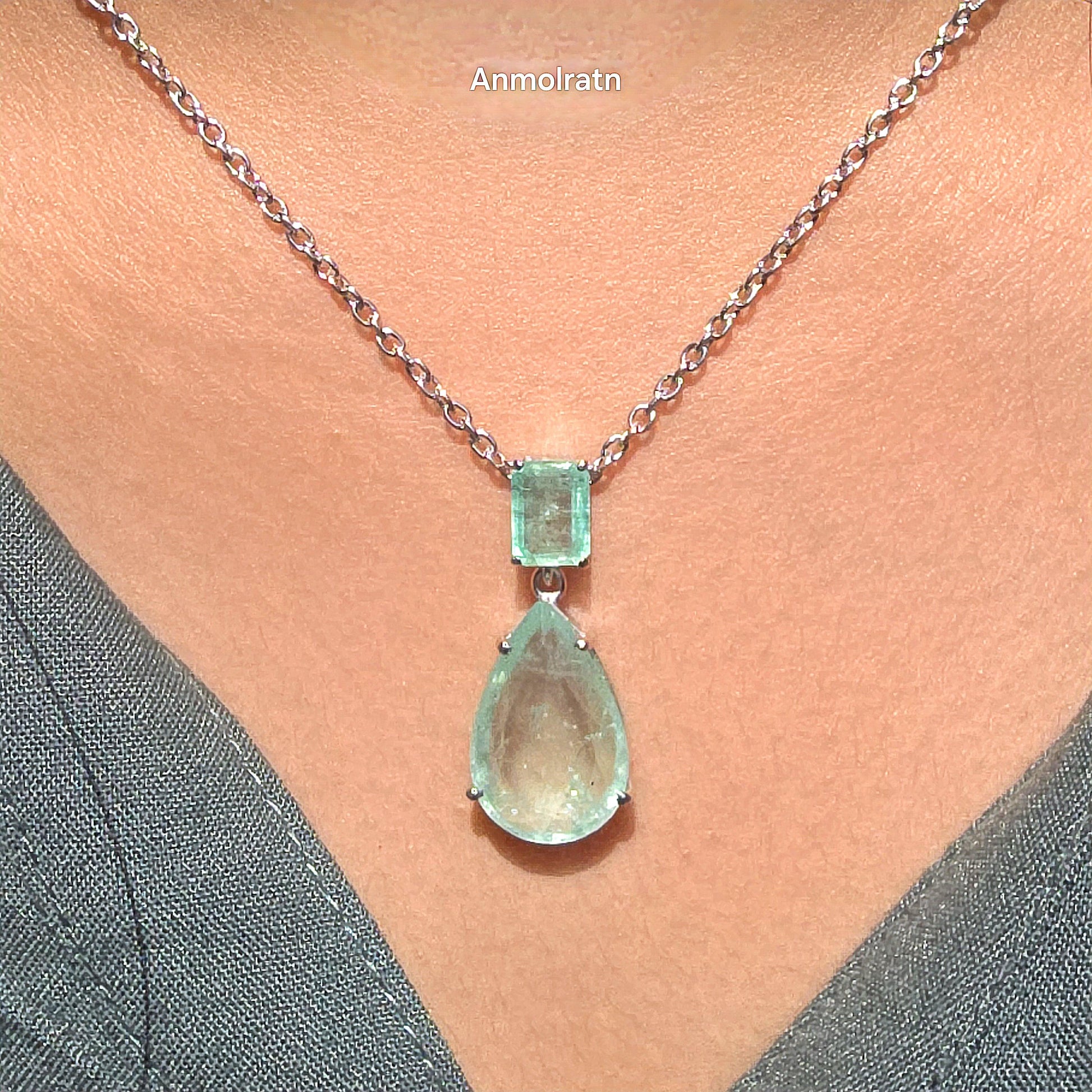 Colombian Emerald Necklace For Women, Untreated Emerald Octagon Pendant Pear Emerald Solitaire Dainty Silver Necklace, Green Emerald Pendant