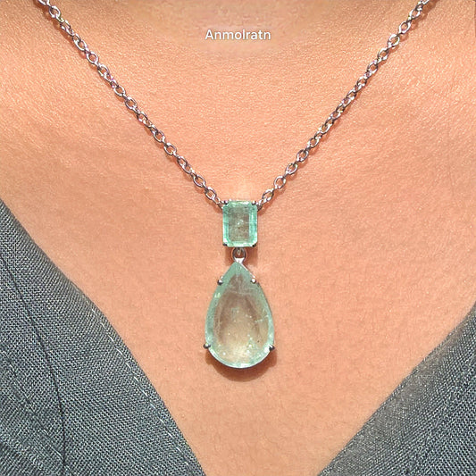 Colombian Emerald Necklace For Women, Untreated Emerald Octagon Pendant Pear Emerald Solitaire Dainty Silver Necklace, Green Emerald Pendant