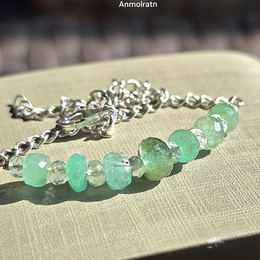 Raw Emerald Bracelet, Colombian Emerald Beaded Bracelet, Natural Emerald Dainty Birthstone Silver Bracelet Gemstone Bracelet For Men & Women