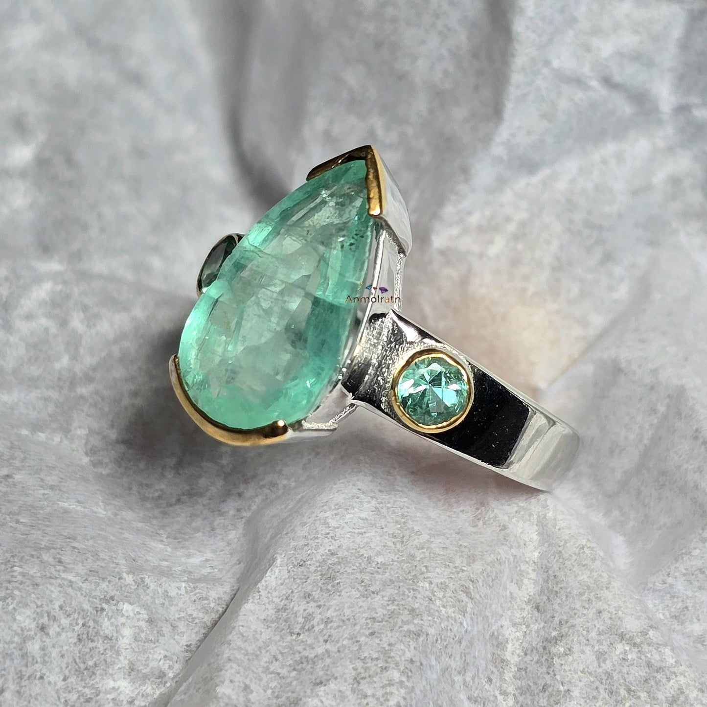 Vintage Natural Emerald Colombian Ring, Antique Emerald Silver Ring, Pear Emerald Solitaire Ring For Women, Unique Emerald Ring Gift For Her