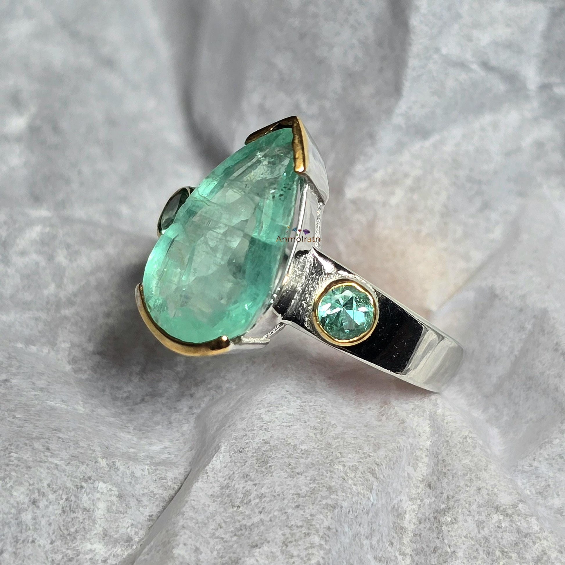 Vintage Natural Emerald Colombian Ring, Antique Emerald Silver Ring, Pear Emerald Solitaire Ring For Women, Unique Emerald Ring Gift For Her