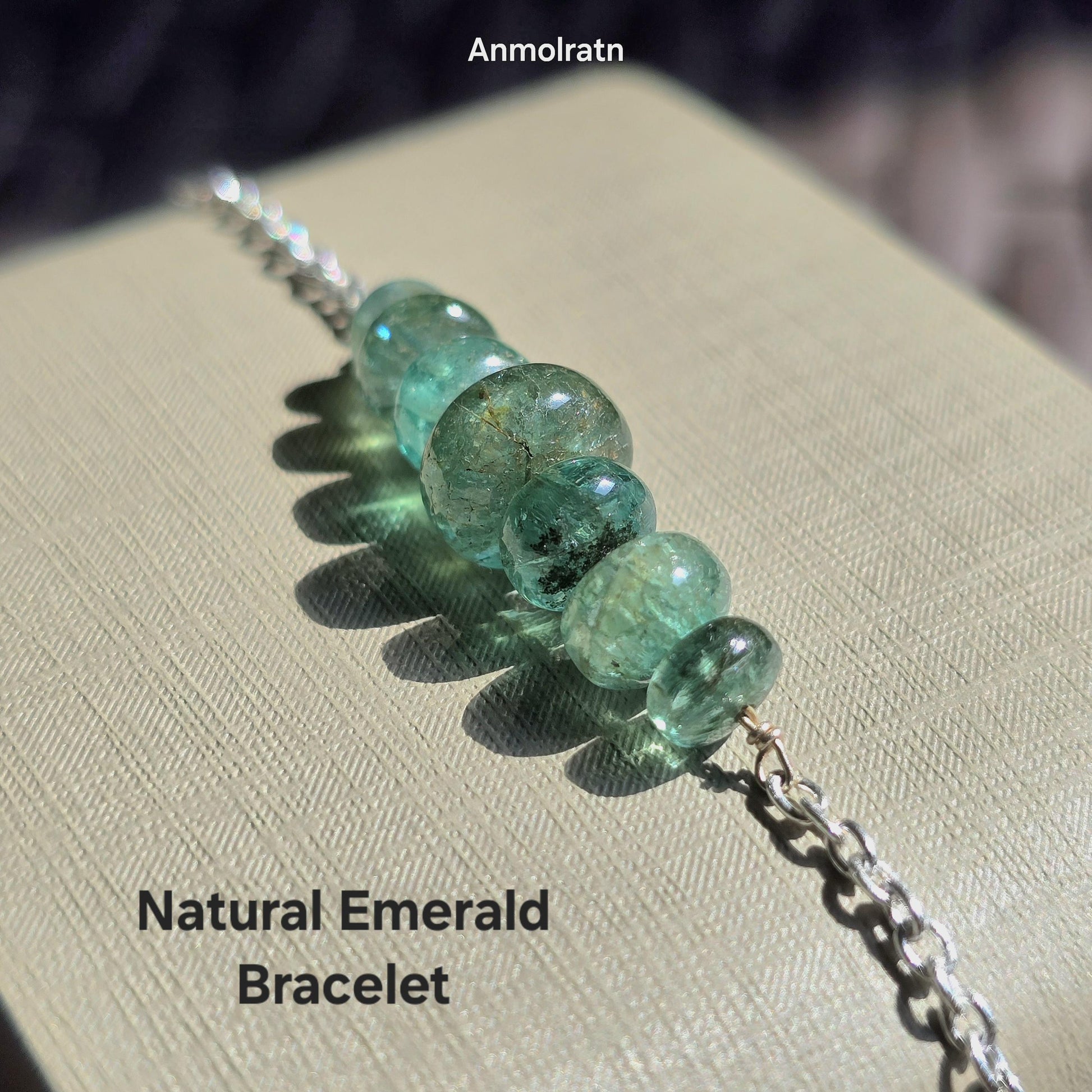 Emerald Bracelet For Men & Women, Dainty Emerald Silver Bracelet For Gift, Raw Emerald Birthstone Beaded Bracelet, Emerald Chain Bracelet