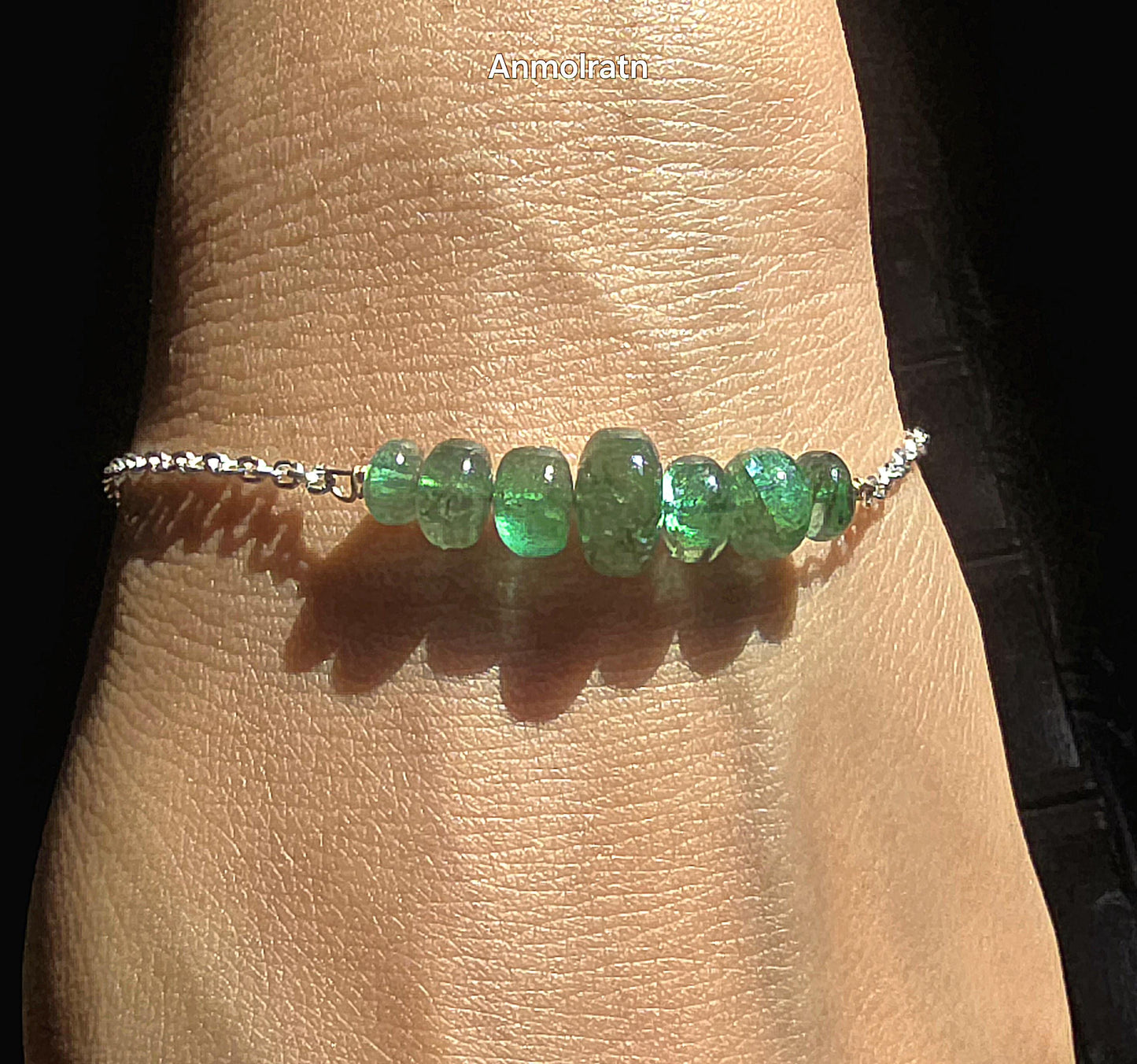 Emerald Bracelet For Men & Women, Dainty Emerald Silver Bracelet For Gift, Raw Emerald Birthstone Beaded Bracelet, Emerald Chain Bracelet