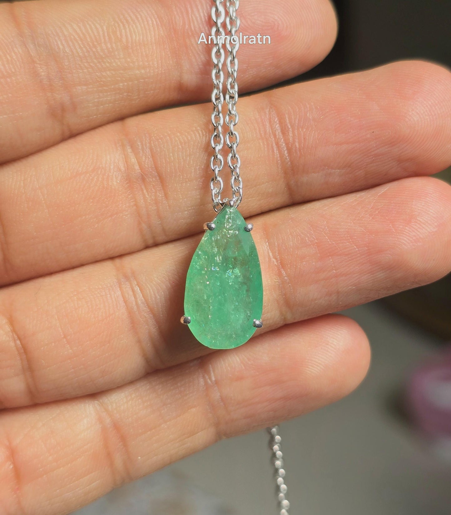 Emerald Pendant For Women, 6.84Ct Natural Colombian Emerald Pear Necklace Gift For Her, Green Emerald Dainty Necklace, Birthstone Necklace