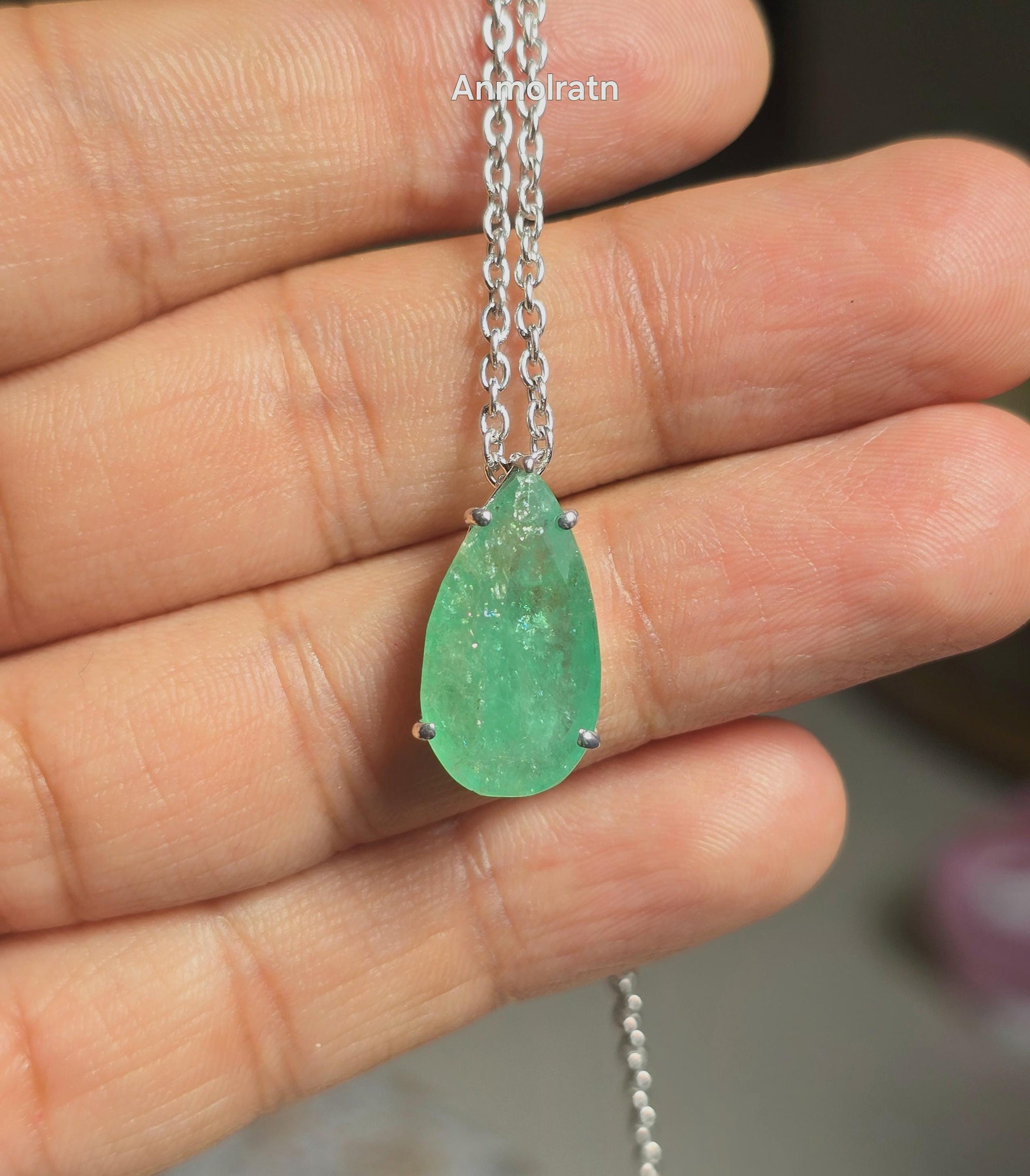 Emerald Pendant For Women, 6.84Ct Natural Colombian Emerald Pear Necklace Gift For Her, Green Emerald Dainty Necklace, Birthstone Necklace