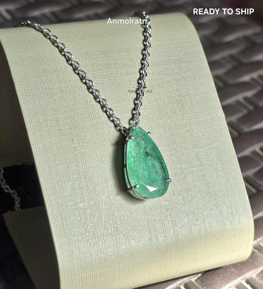 Emerald Pendant For Women, 6.84Ct Natural Colombian Emerald Pear Necklace Gift For Her, Green Emerald Dainty Necklace, Birthstone Necklace