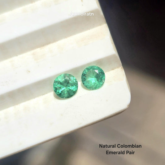 Round Emerald Colombian Pair, Vivid Green Emerald Earring Pair, AAA Certified Colombian Emerald Round Cut Loose Pair For Stud Earrings 4.7MM