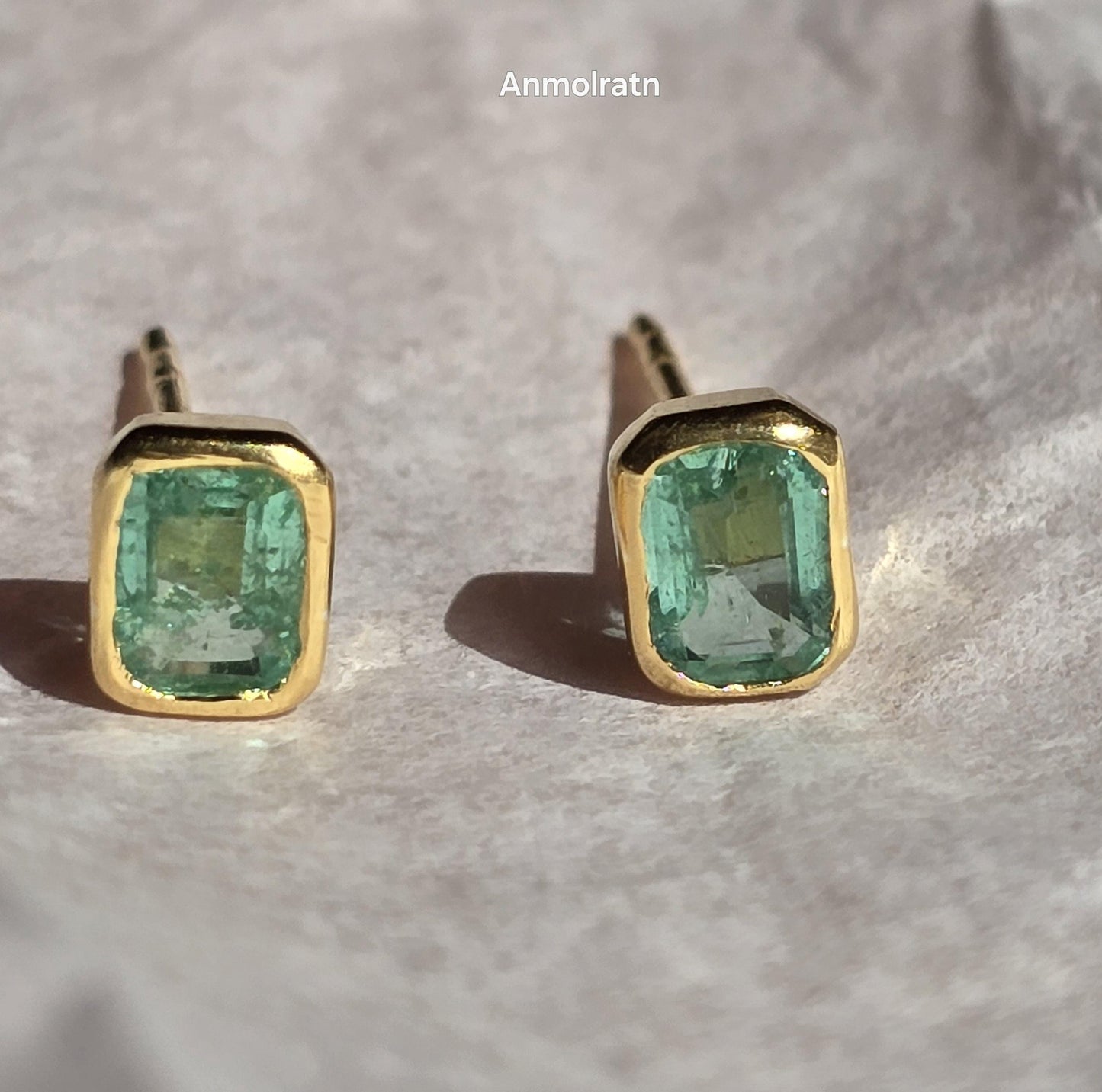 Emerald Octagon Stud Earrings, Natural Colombian Emerald Cut Dainty Silver Earrings, Tiny Emerald Solitaire Bezel Set Birthstone Earrings