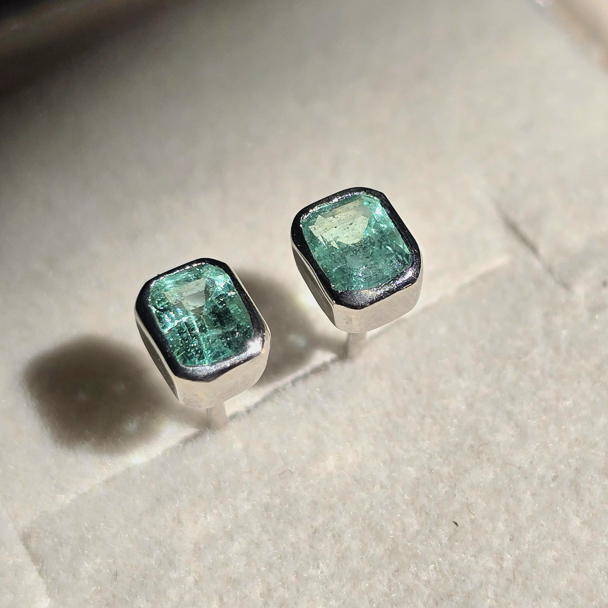 Daily Wear Emerald Stud Earrings, Natural Colombian Emerald Octagon Solitaire Earrings, Tiny Emerald Cut Bezel Birthstone Silver Earrings
