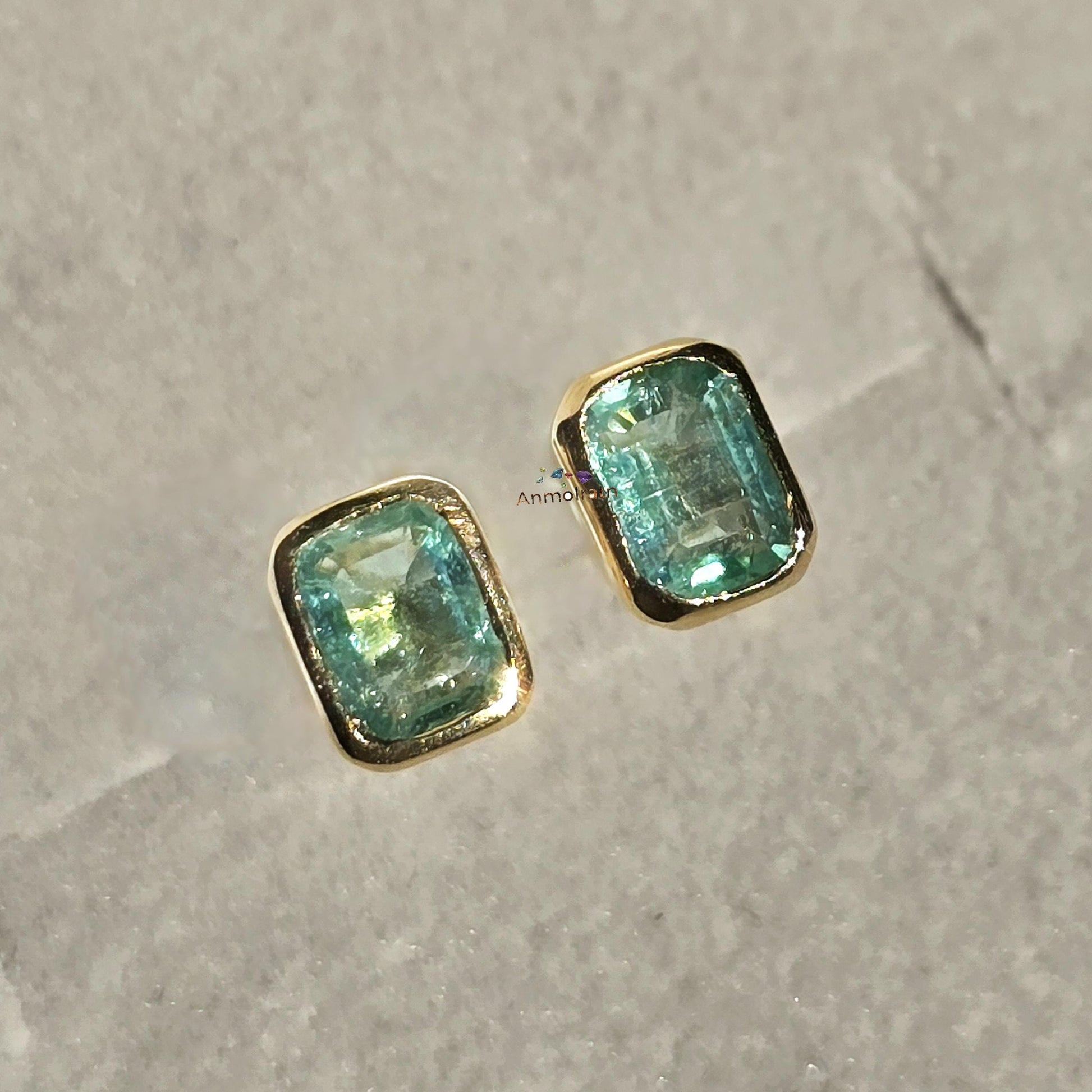 Emerald Octagon Stud Earrings, Natural Colombian Emerald Cut Dainty Silver Earrings, Tiny Emerald Solitaire Bezel Set Birthstone Earrings