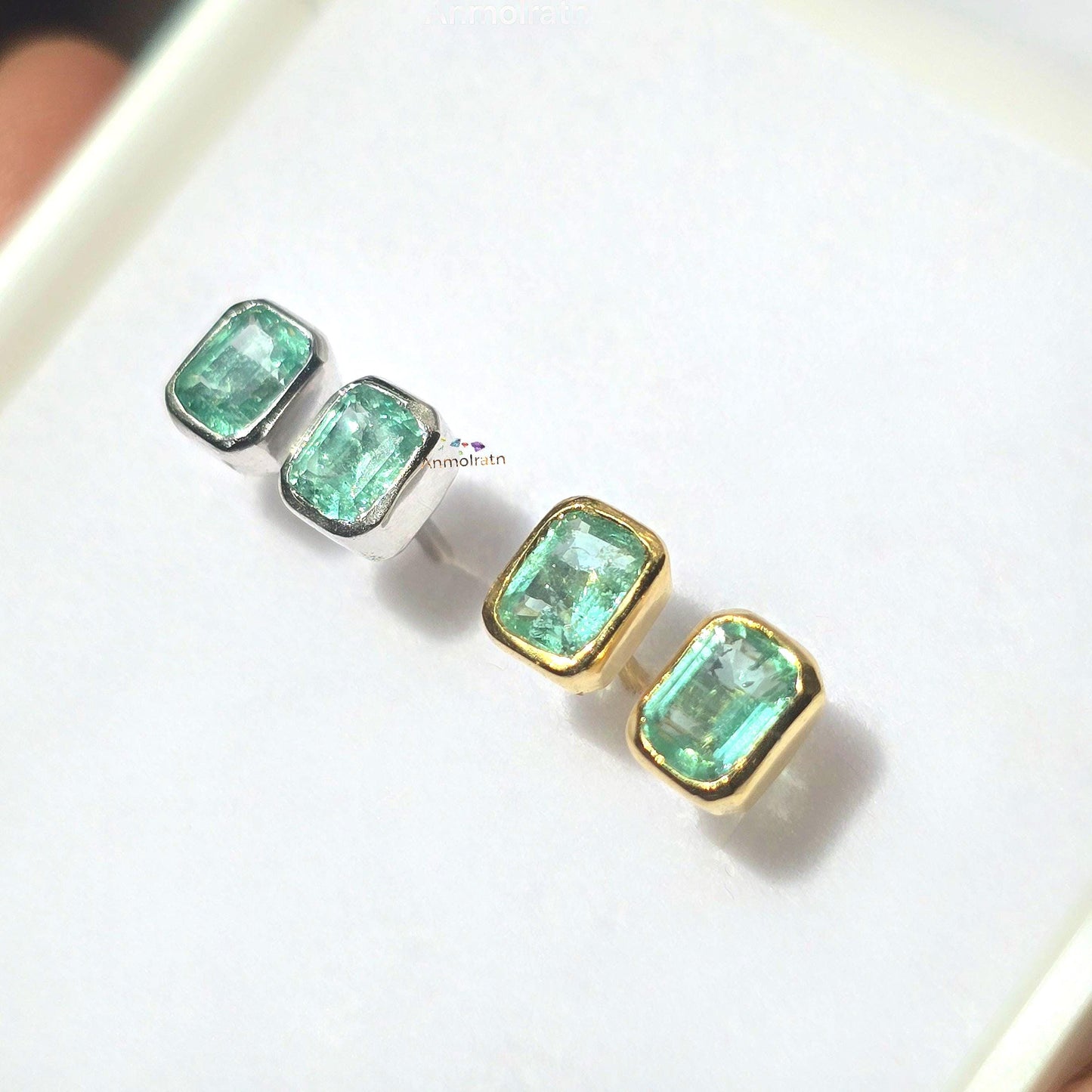 Natural Emerald Stud Earring, Colombian Emerald Solitaire Earring, Tiny Bright Emerald Octagon Bezel Dainty Birthstone Silver Earrings Gift