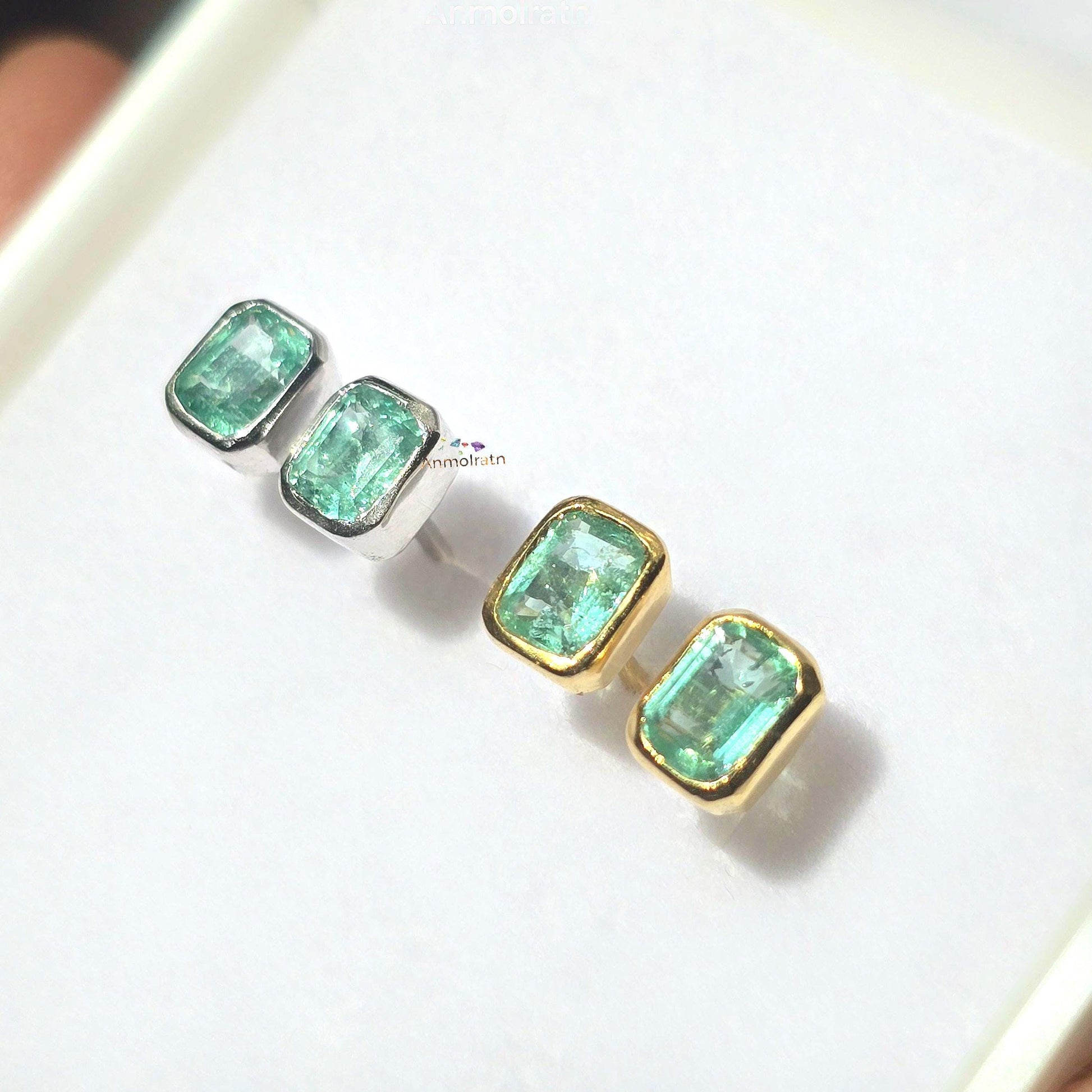 Natural Emerald Stud Earring, Colombian Emerald Solitaire Earring, Tiny Bright Emerald Octagon Bezel Dainty Birthstone Silver Earrings Gift
