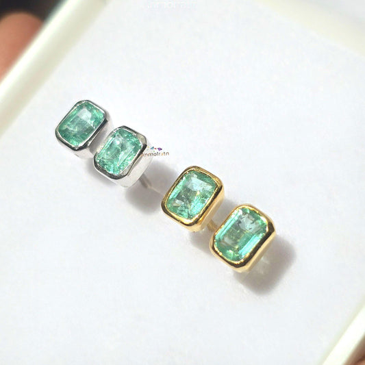 Natural Emerald Stud Earring, Colombian Emerald Solitaire Earring, Tiny Bright Emerald Octagon Bezel Dainty Birthstone Silver Earrings Gift
