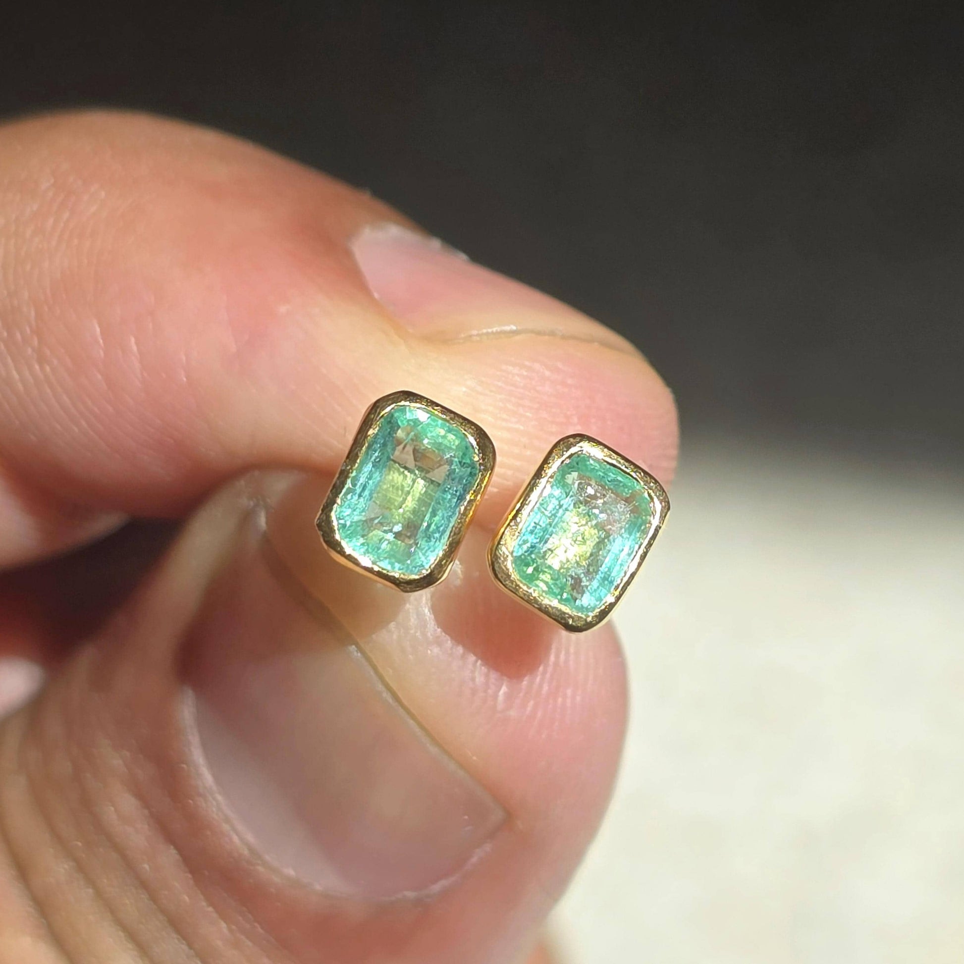 Emerald Octagon Stud Earrings, Natural Colombian Emerald Cut Dainty Silver Earrings, Tiny Emerald Solitaire Bezel Set Birthstone Earrings