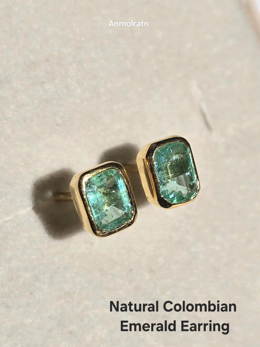 Emerald Octagon Stud Earrings, Natural Colombian Emerald Cut Dainty Silver Earrings, Tiny Emerald Solitaire Bezel Set Birthstone Earrings