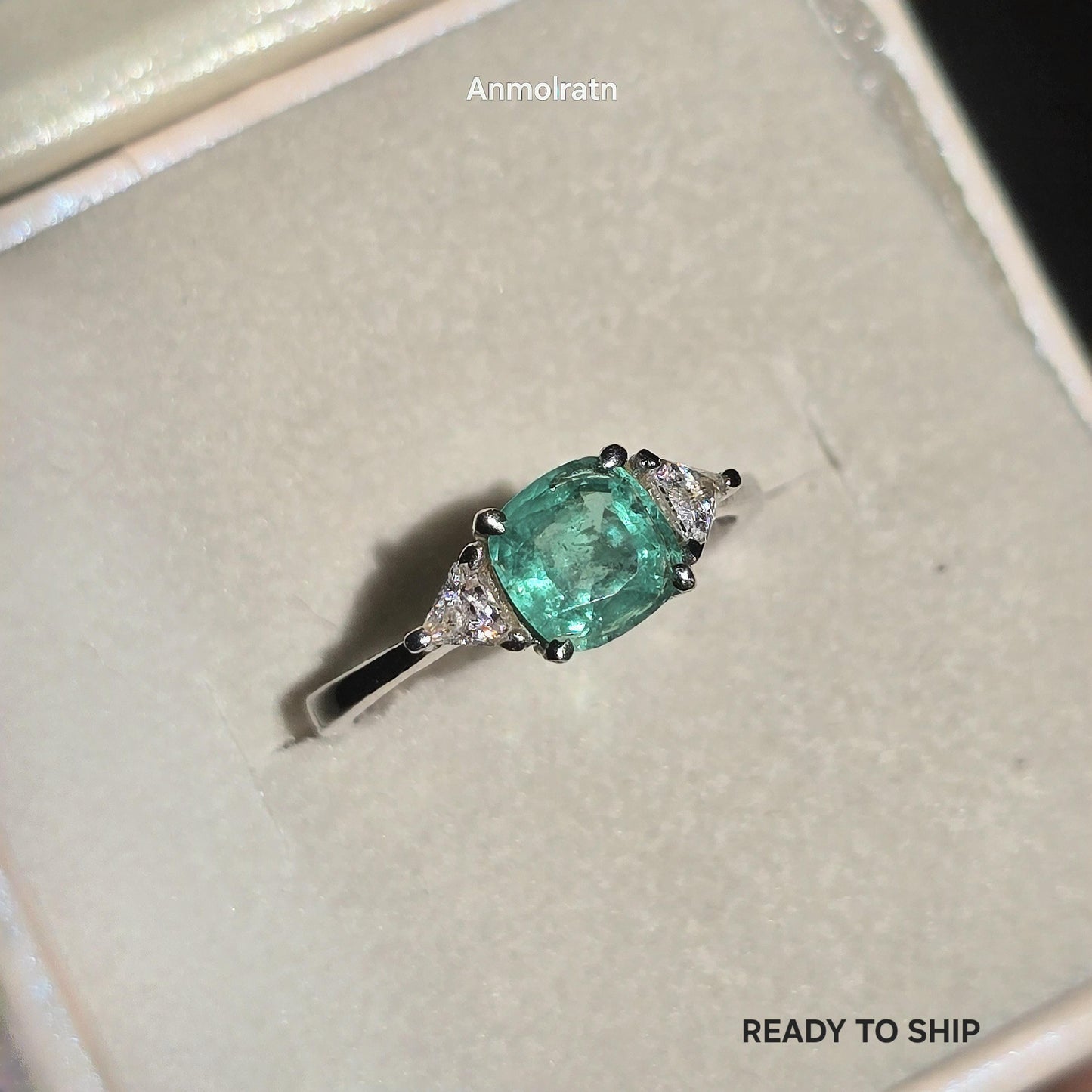 Vintage Emerald Engagement Ring Women, Top Emerald And Trillion Ring, Dainty Emerald Cushion Shape Stacking Silver Ring Gift For Her
