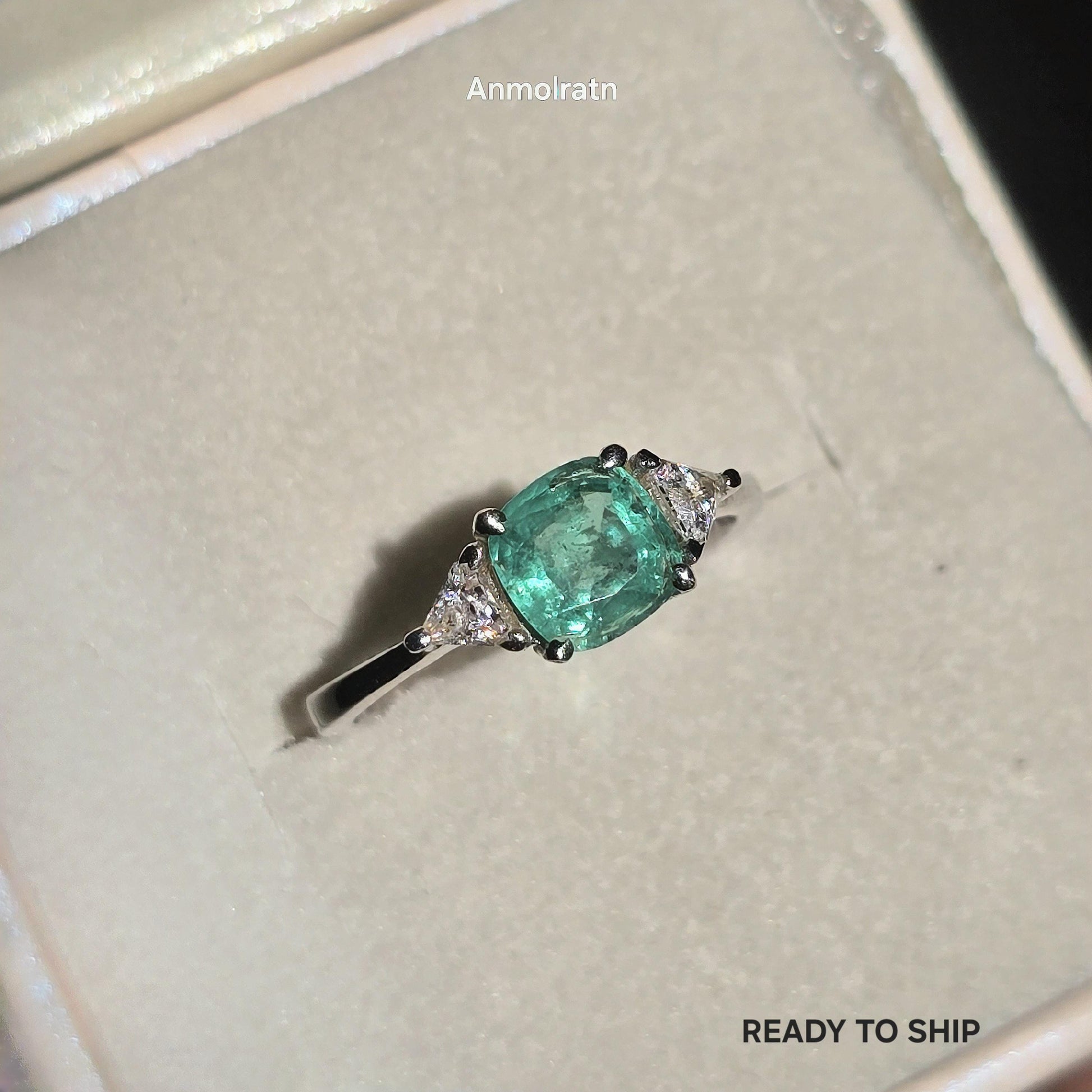 Vintage Emerald Engagement Ring Women, Top Emerald And Trillion Ring, Dainty Emerald Cushion Shape Stacking Silver Ring Gift For Her