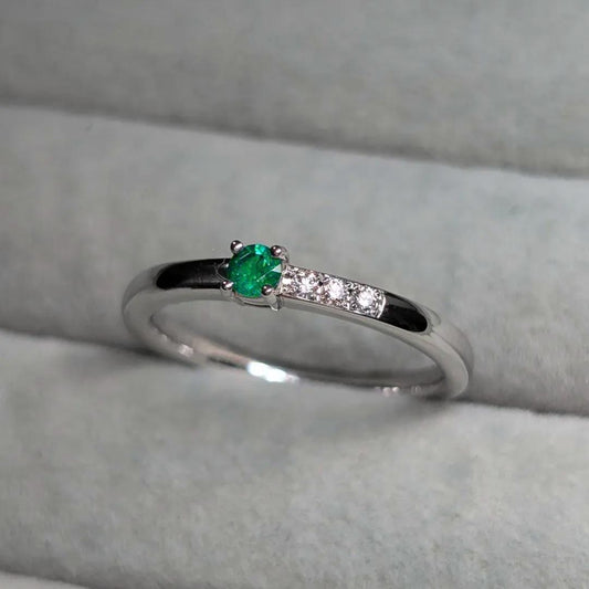 Emerald Engagement Band Ring, Vivid Green Colombian Emerald Wedding Ring, Solitaire Emerald & Diamond Ring Gift For Her, Tiny Emerald Ring
